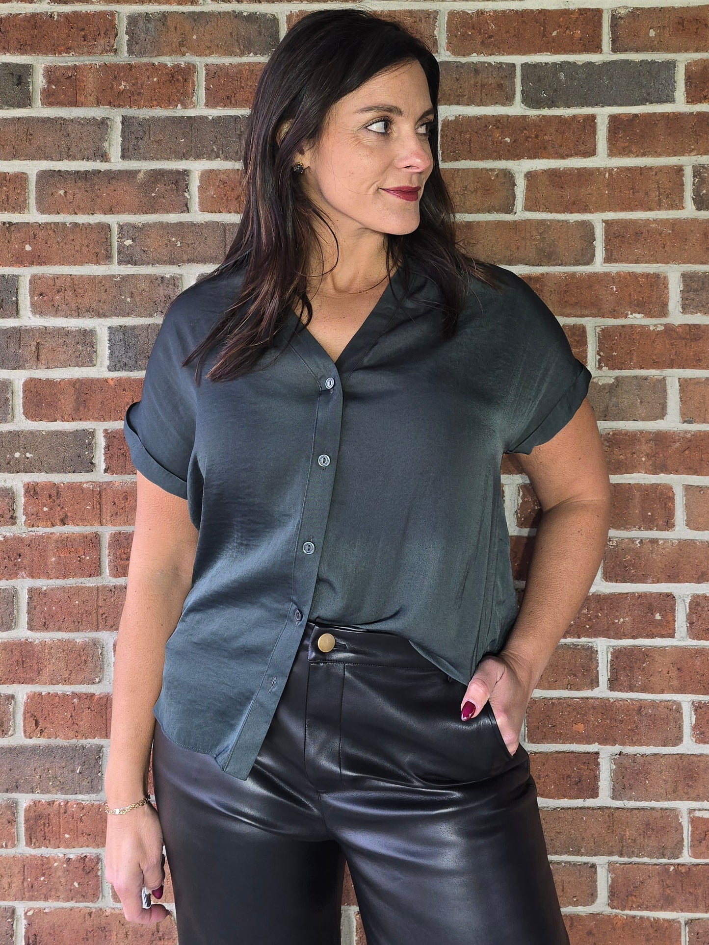 Forest Green Silky Short Sleeve Button Blouse