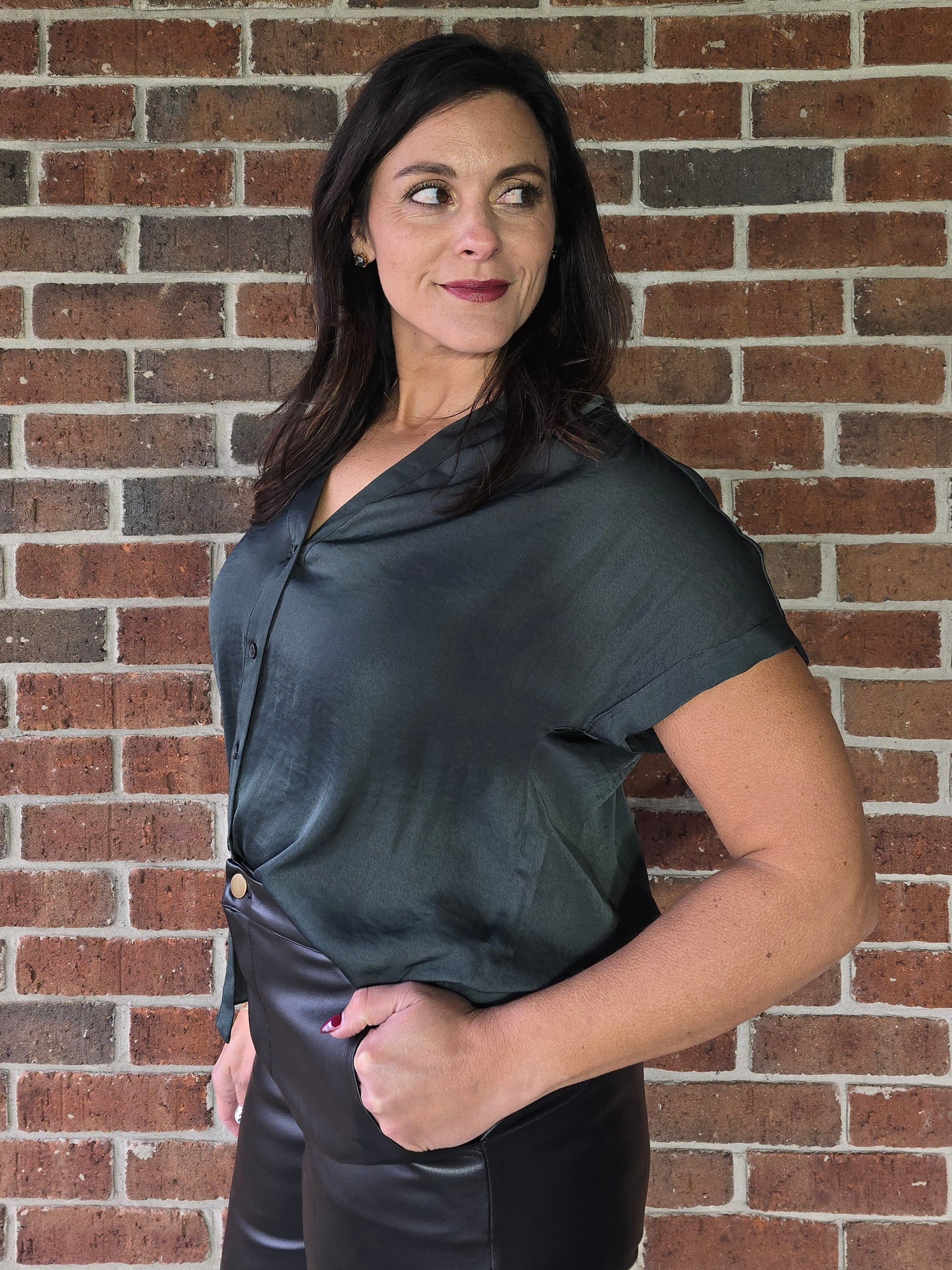 Forest Green Silky Short Sleeve Button Blouse