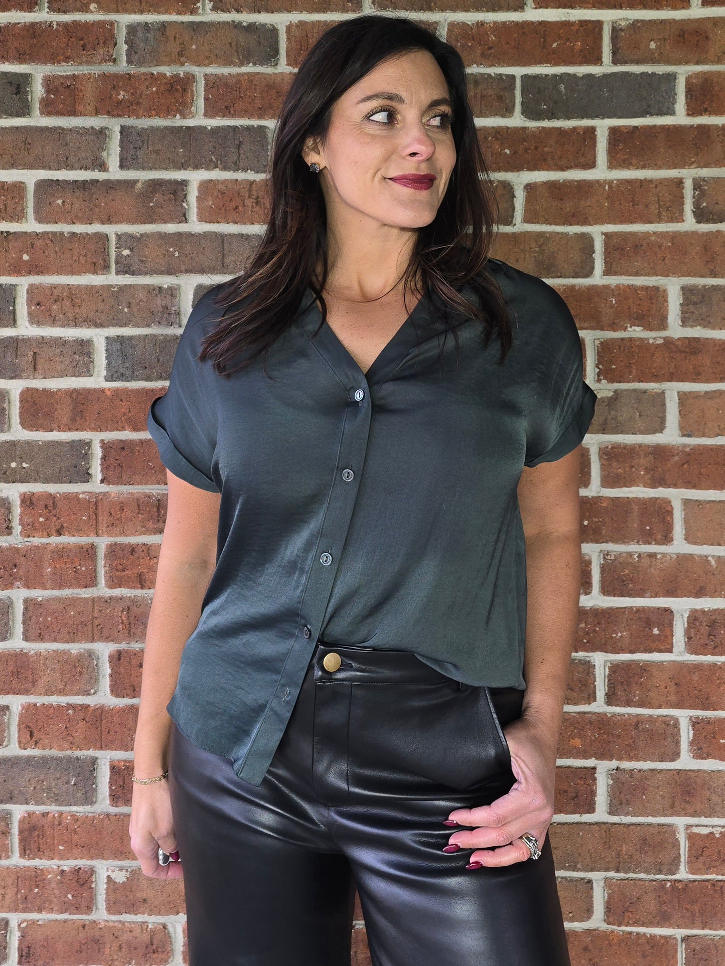 Forest Green Silky Short Sleeve Button Blouse