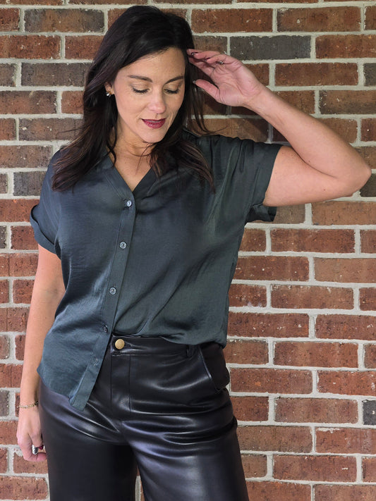Forest Green Silky Short Sleeve Button Blouse