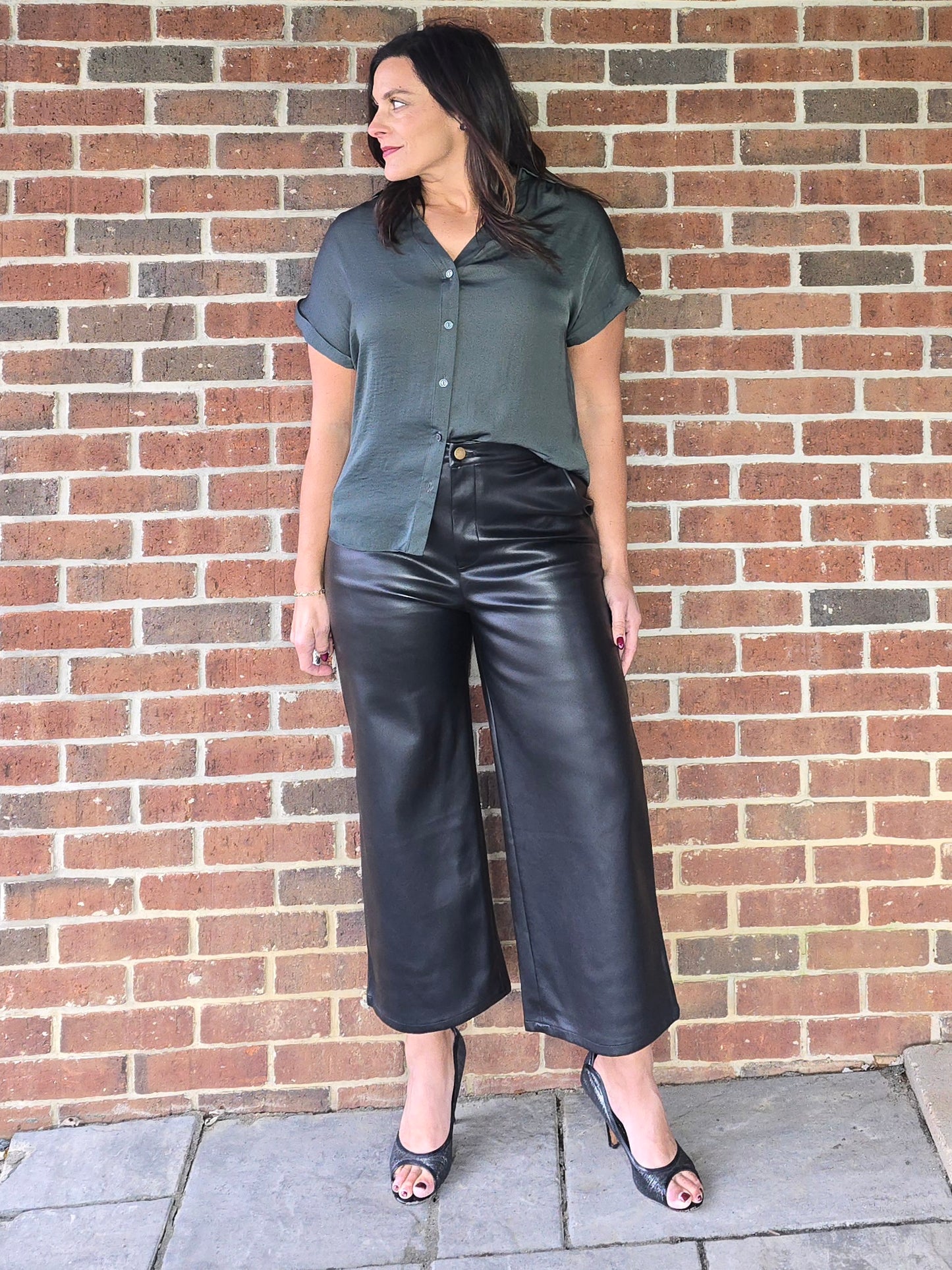 Forest Green Silky Short Sleeve Button Blouse