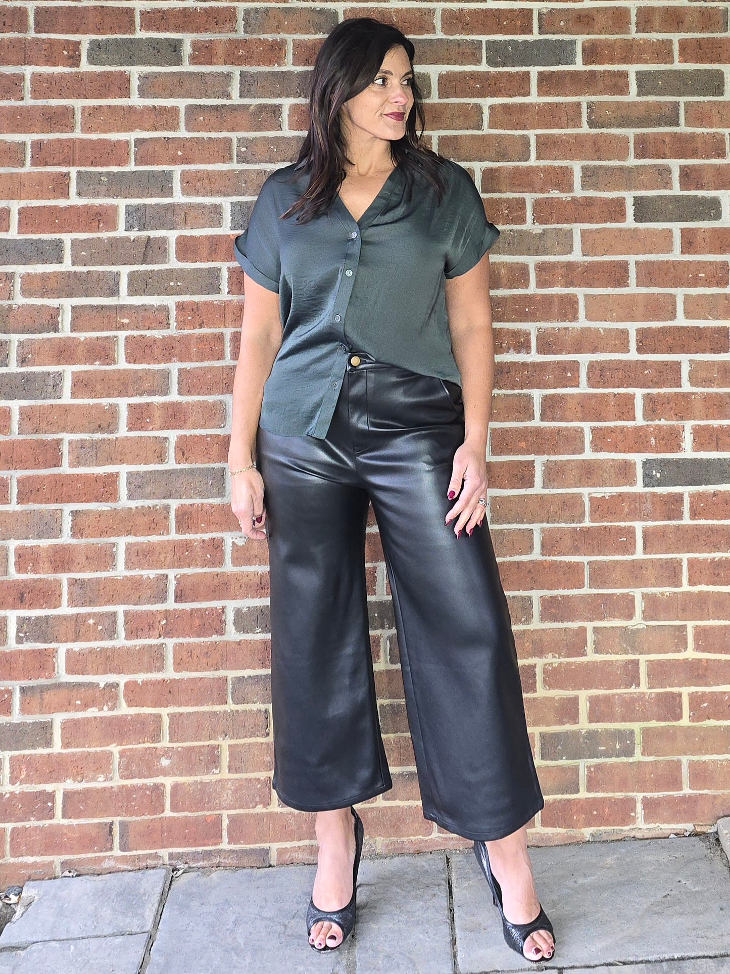 Forest Green Silky Short Sleeve Button Blouse