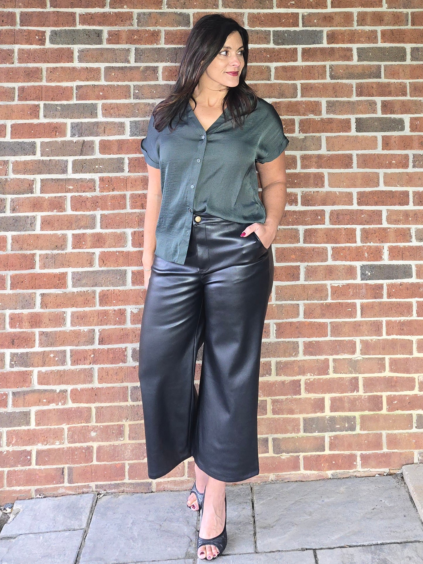 Forest Green Silky Short Sleeve Button Blouse