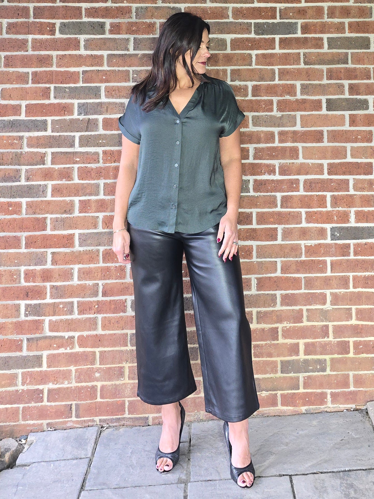 Forest Green Silky Short Sleeve Button Blouse