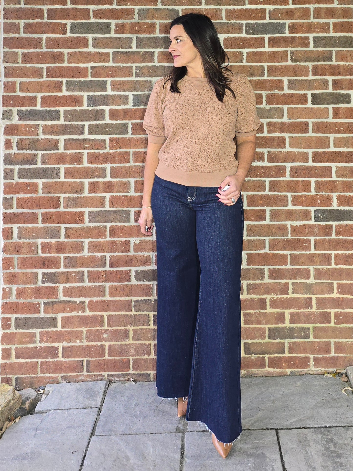 Floral Knit Puff Sleeve Jacquard Sweatshirt