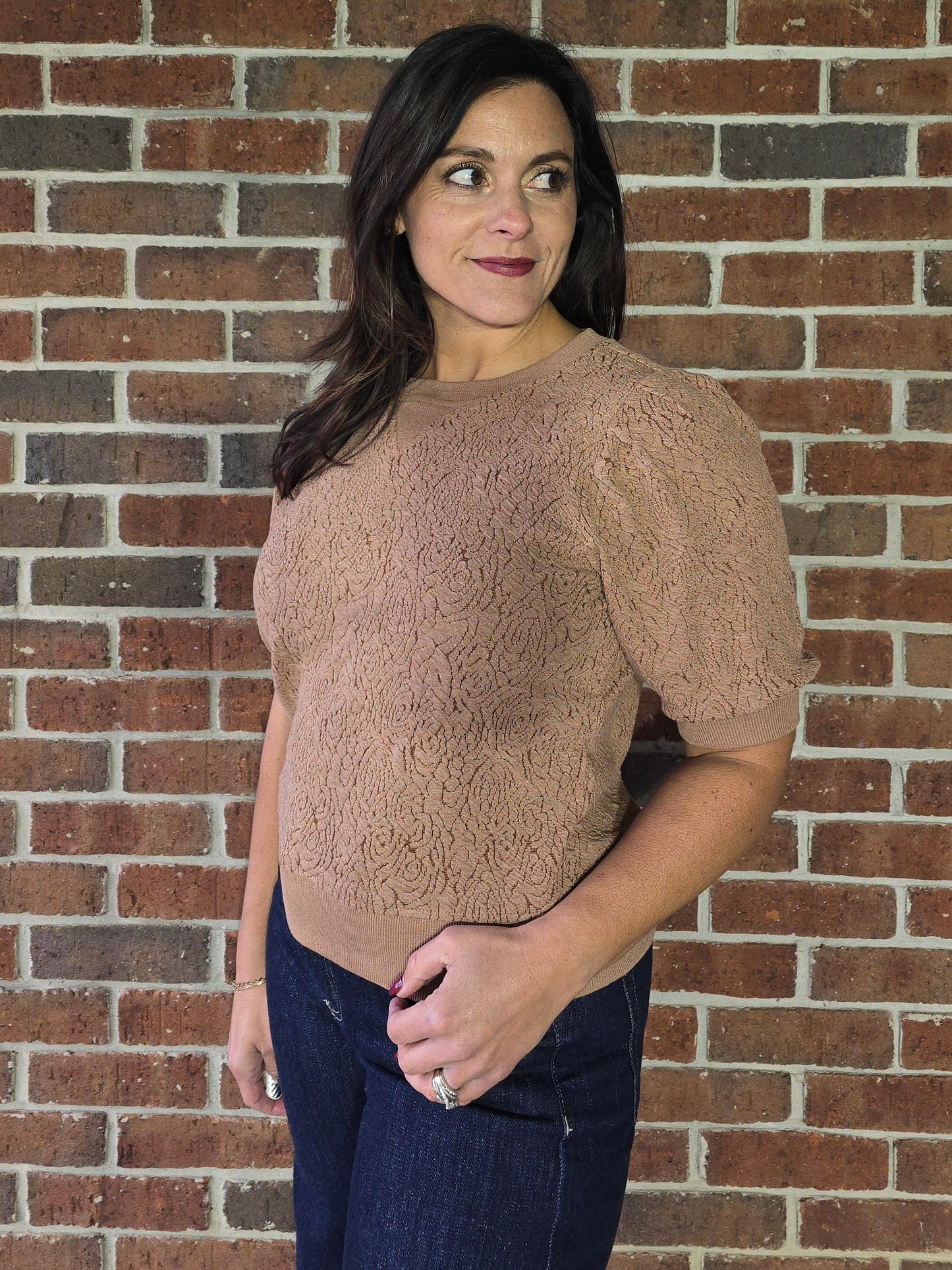 Floral Knit Puff Sleeve Jacquard Sweatshirt