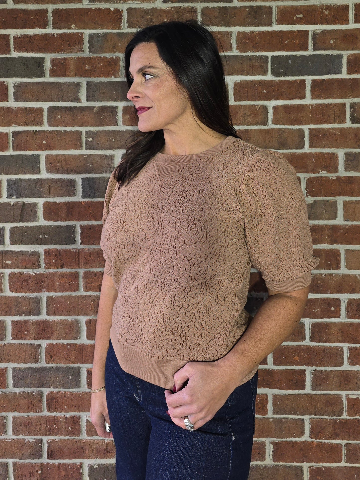 Floral Knit Puff Sleeve Jacquard Sweatshirt