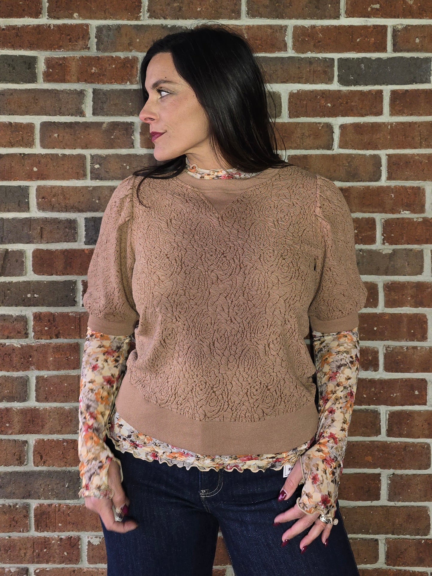 Floral Knit Puff Sleeve Jacquard Sweatshirt