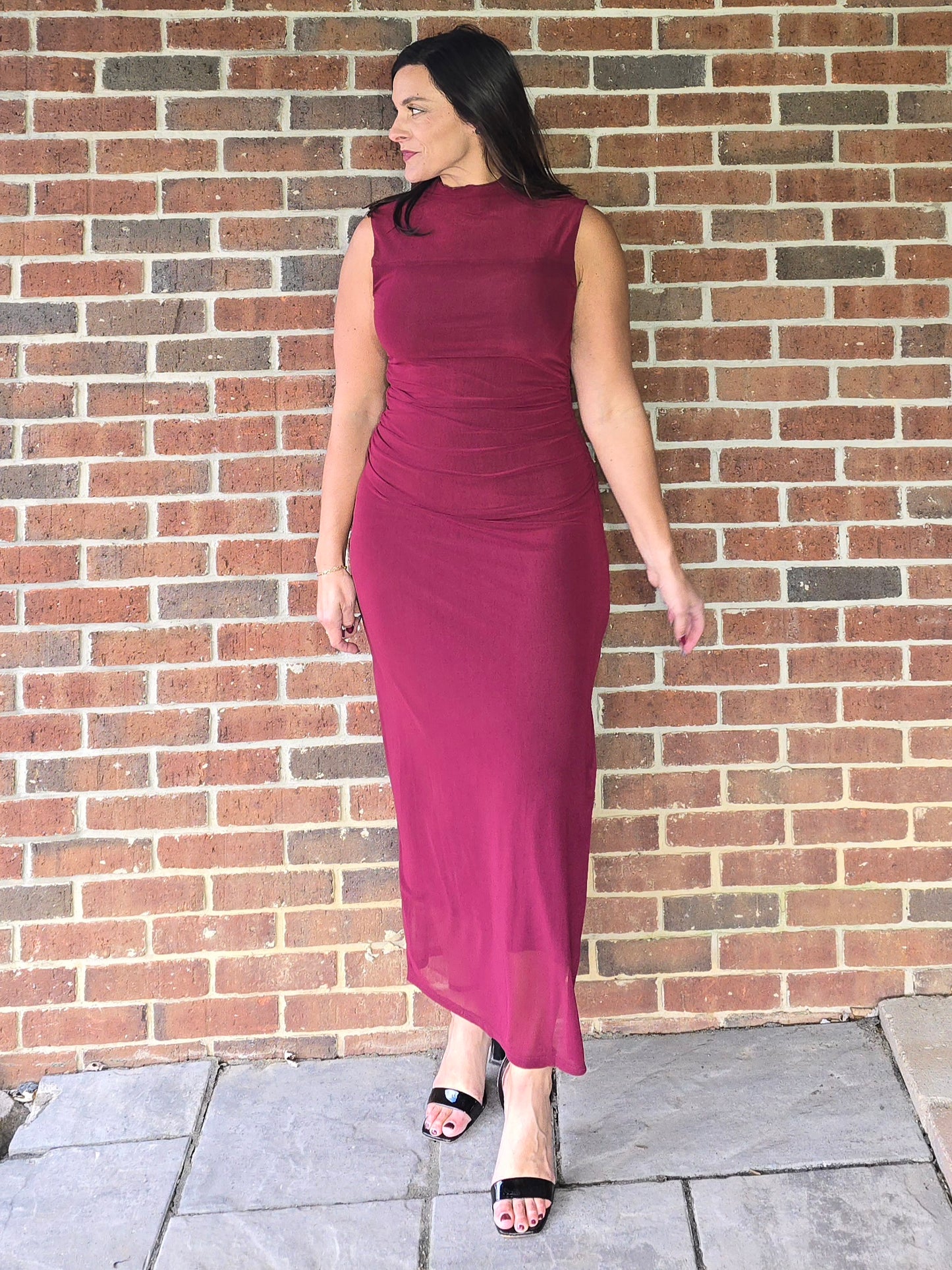 Wine Mock Neck Ruched Mesh Midi Dress