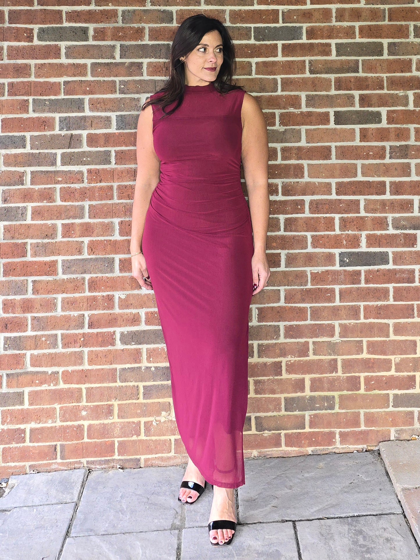 Wine Mock Neck Ruched Mesh Midi Dress