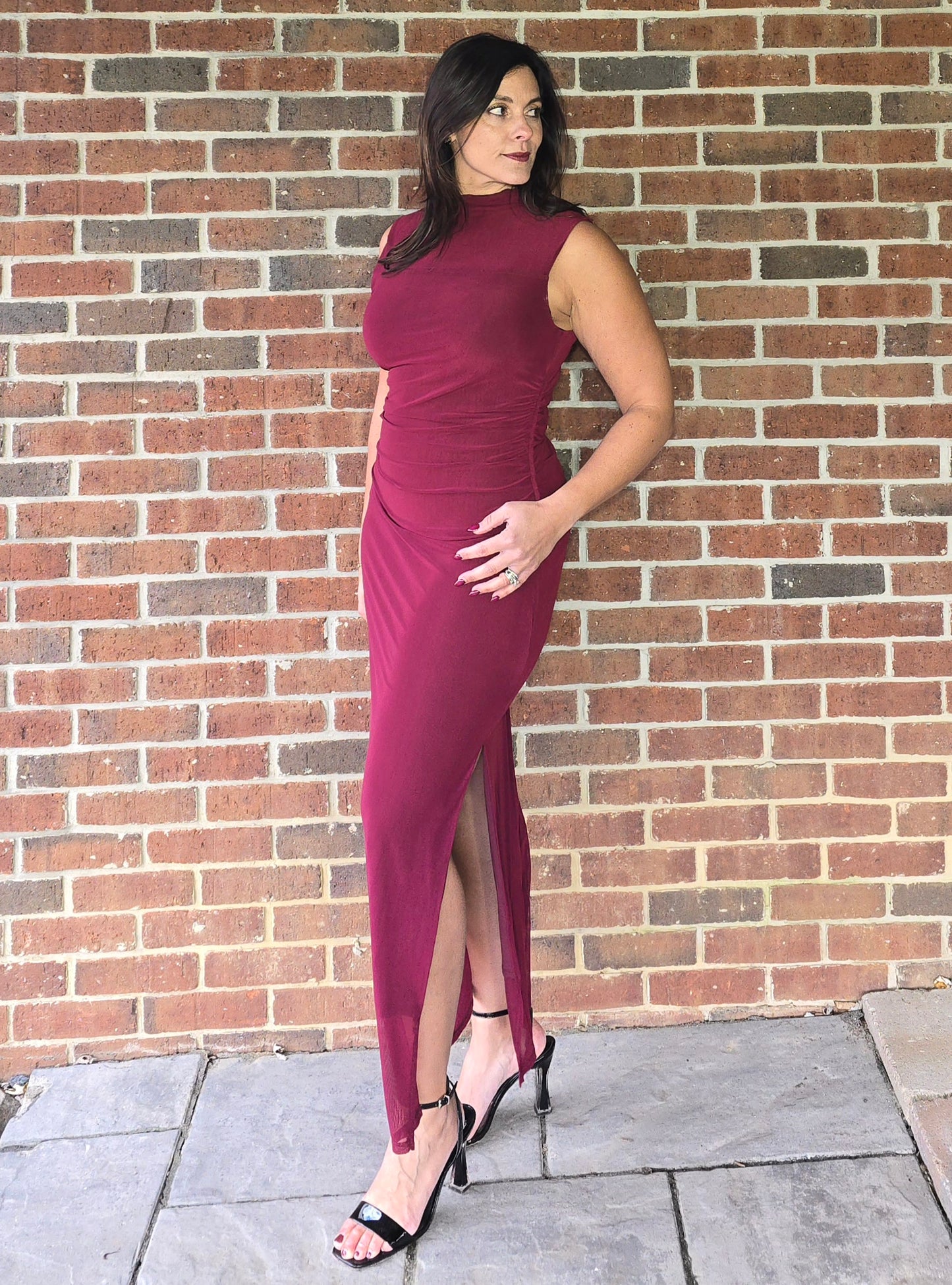 Wine Mock Neck Ruched Mesh Midi Dress