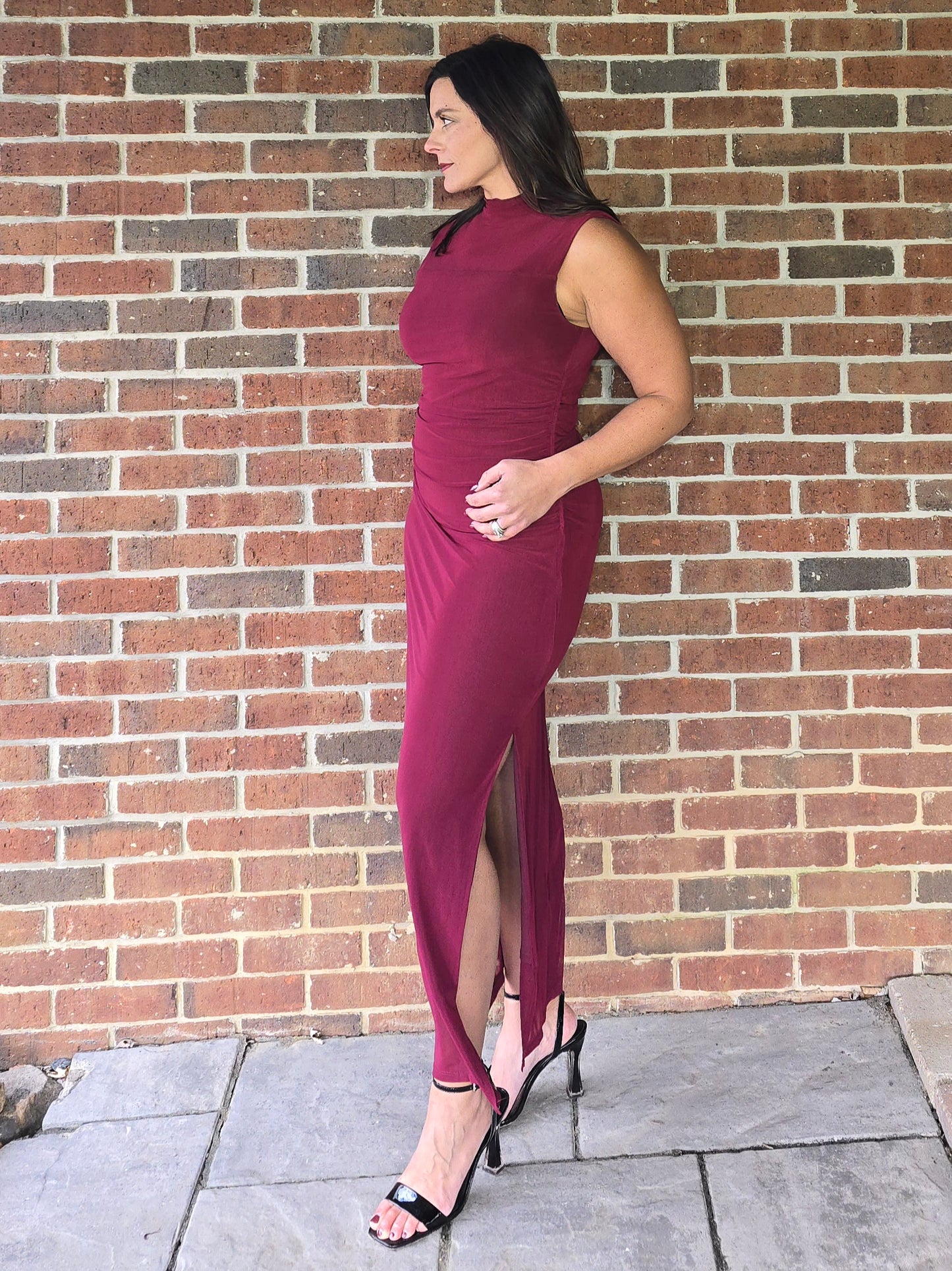 Wine Mock Neck Ruched Mesh Midi Dress