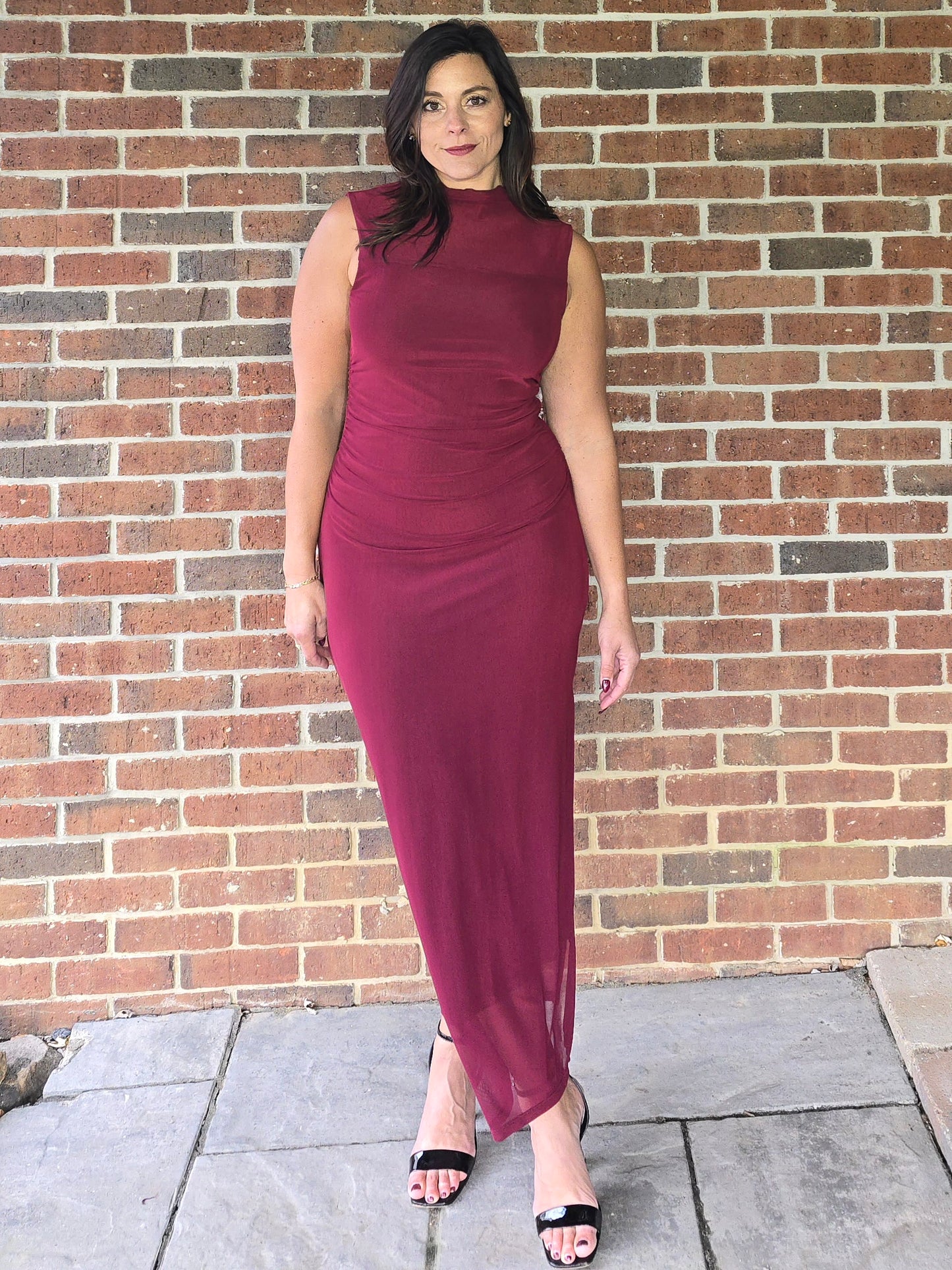 Wine Mock Neck Ruched Mesh Midi Dress