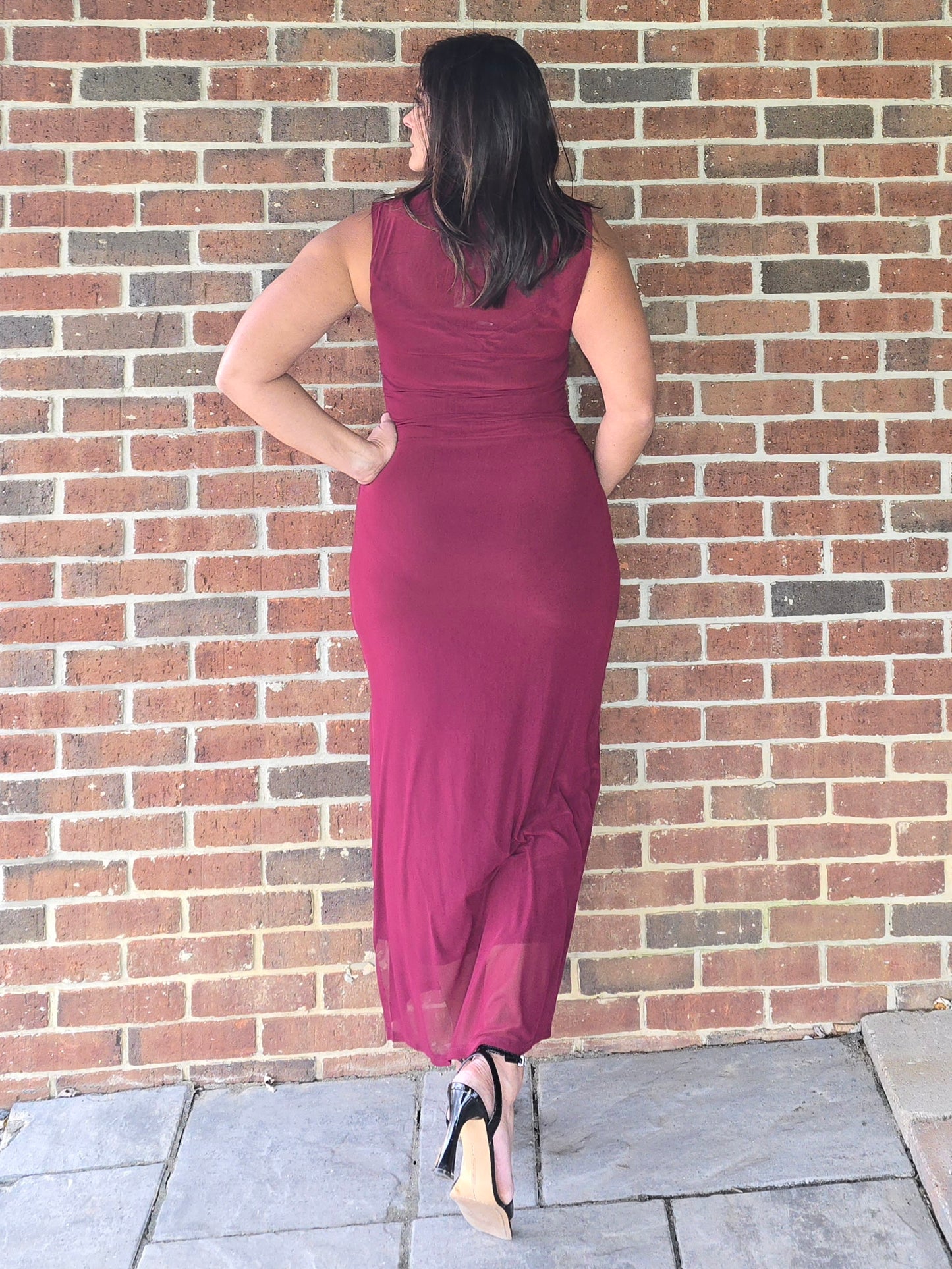 Wine Mock Neck Ruched Mesh Midi Dress