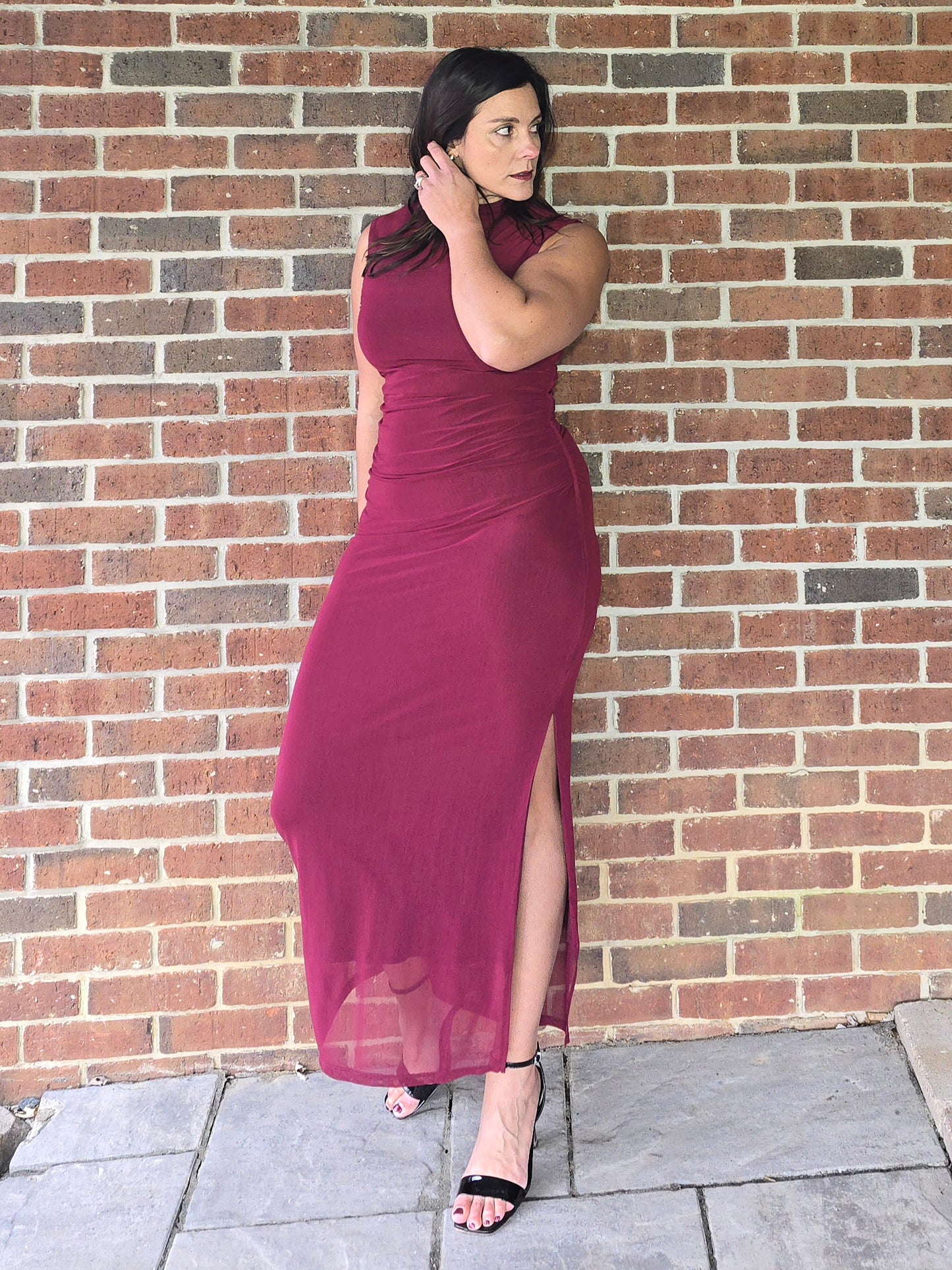 Wine Mock Neck Ruched Mesh Midi Dress