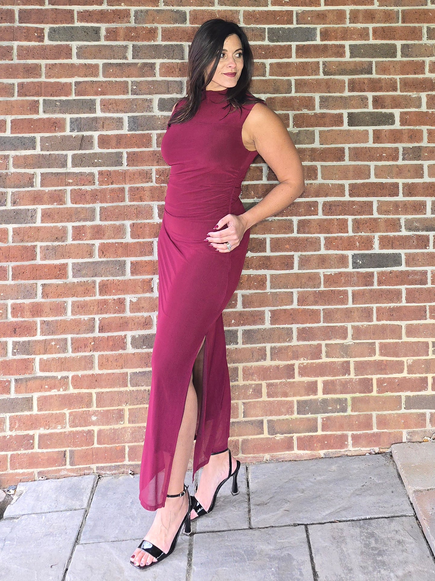 Wine Mock Neck Ruched Mesh Midi Dress