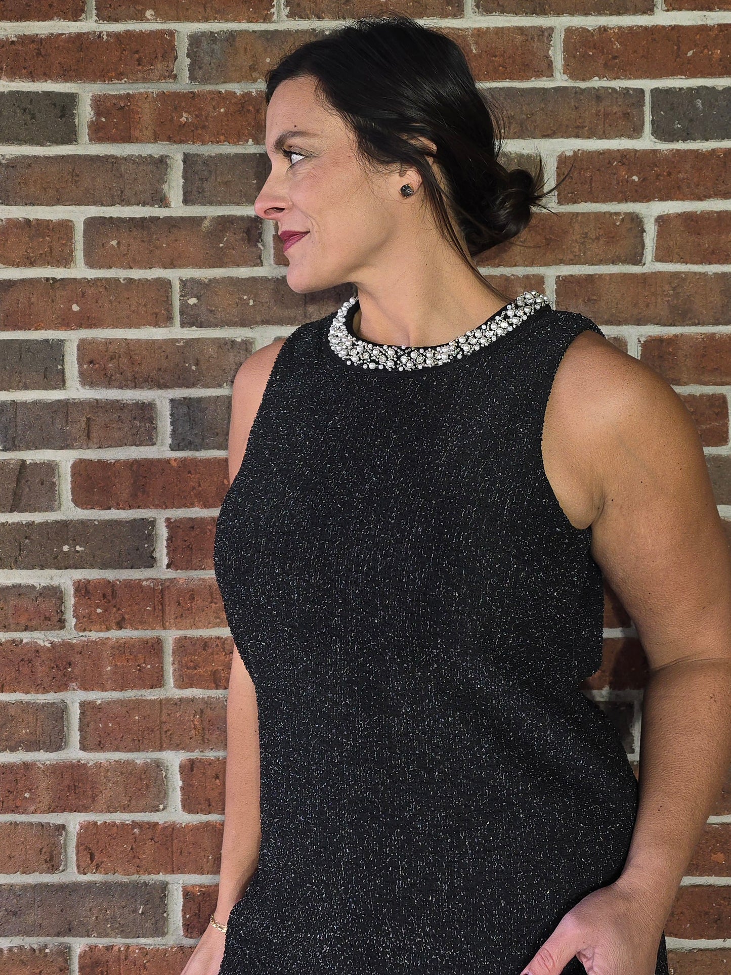 Jewel Neck Stretch Tweed Dress