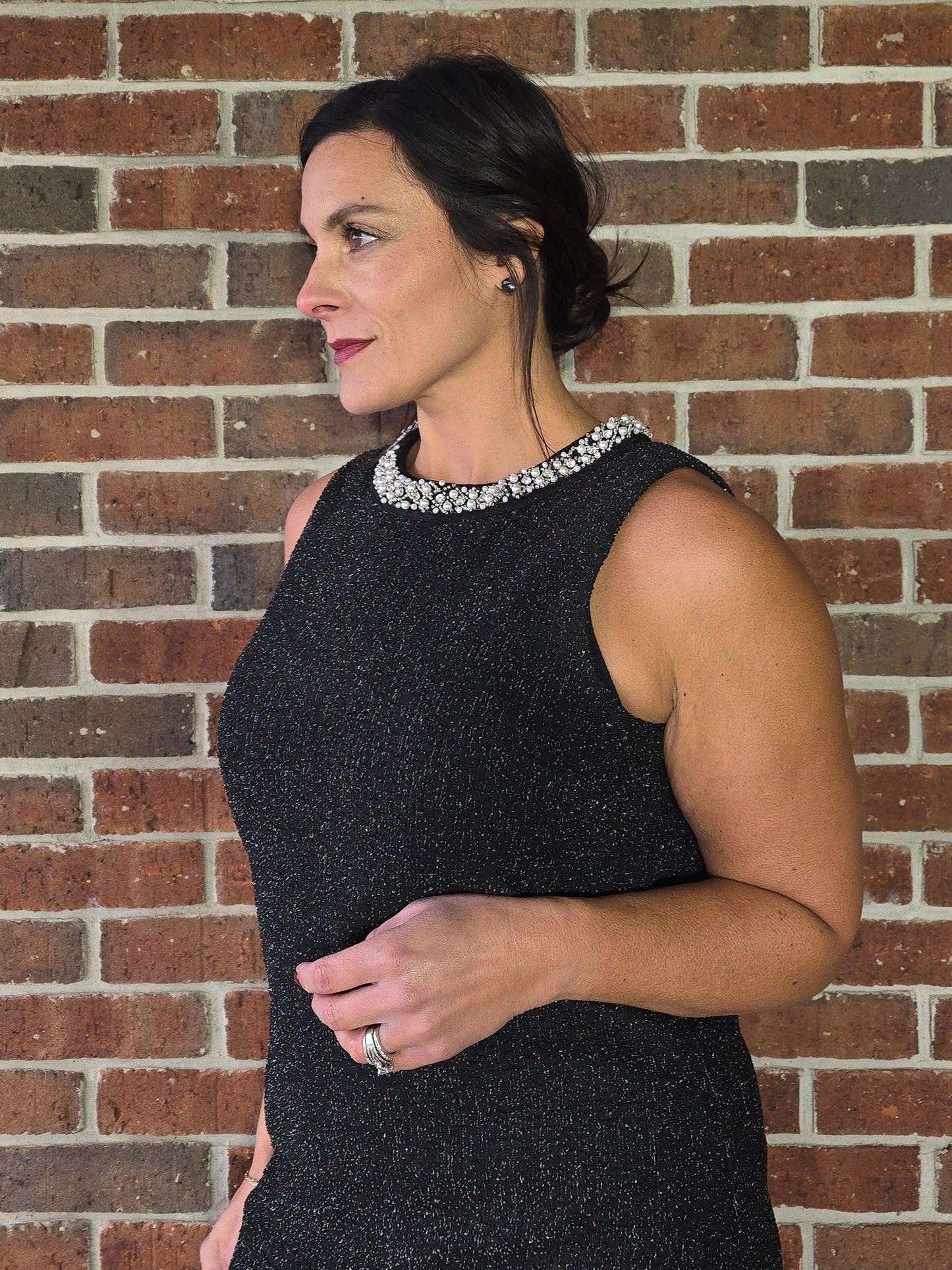 Jewel Neck Stretch Tweed Dress