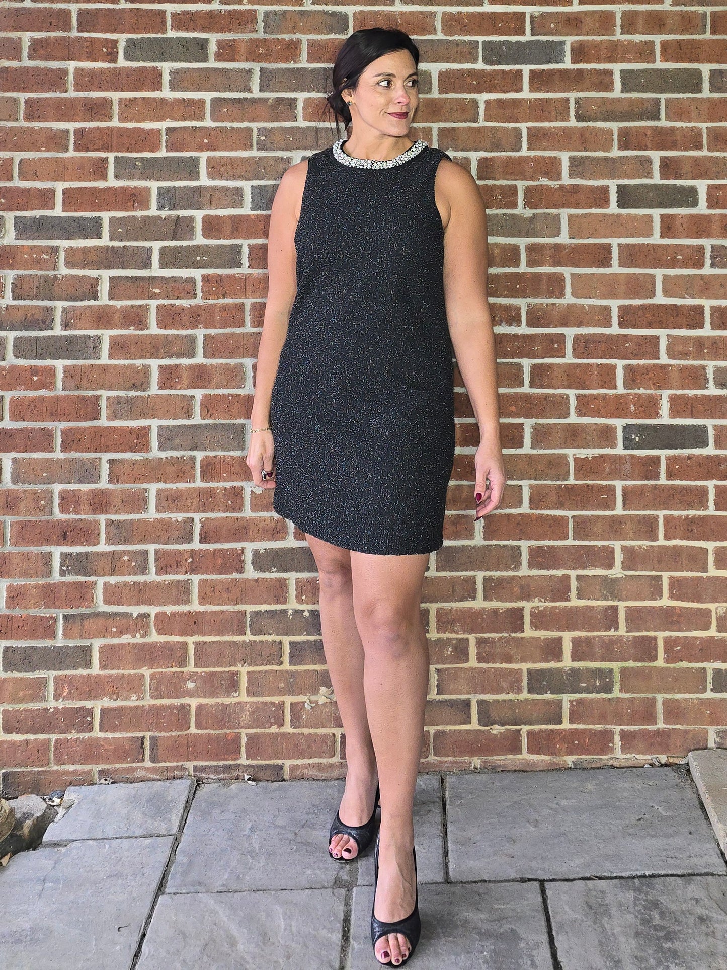 Jewel Neck Stretch Tweed Dress