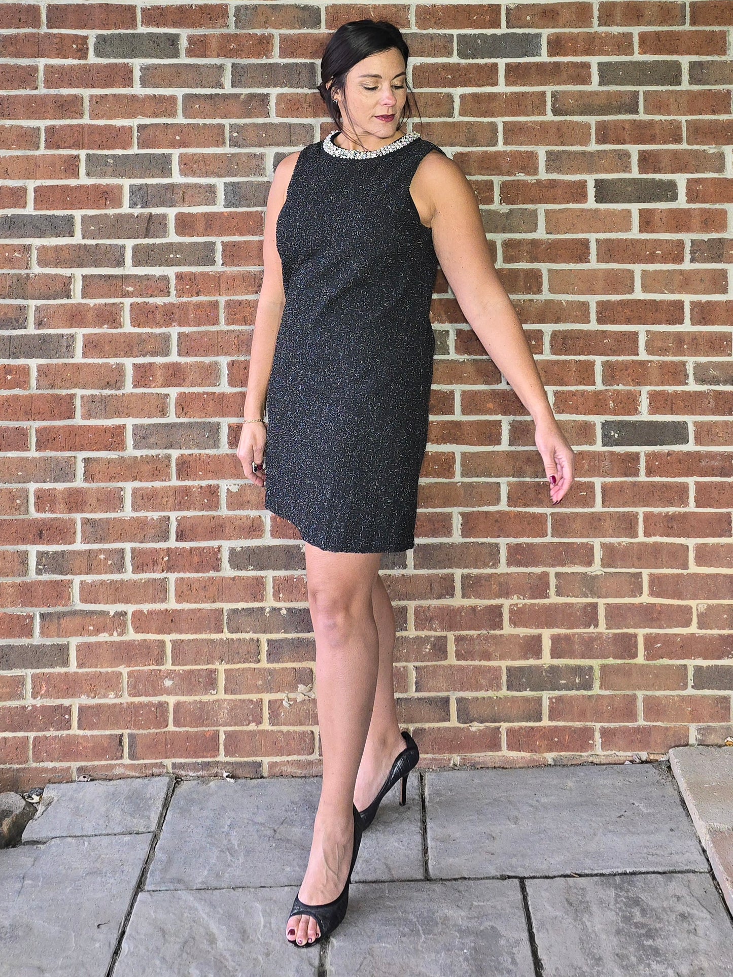 Jewel Neck Stretch Tweed Dress