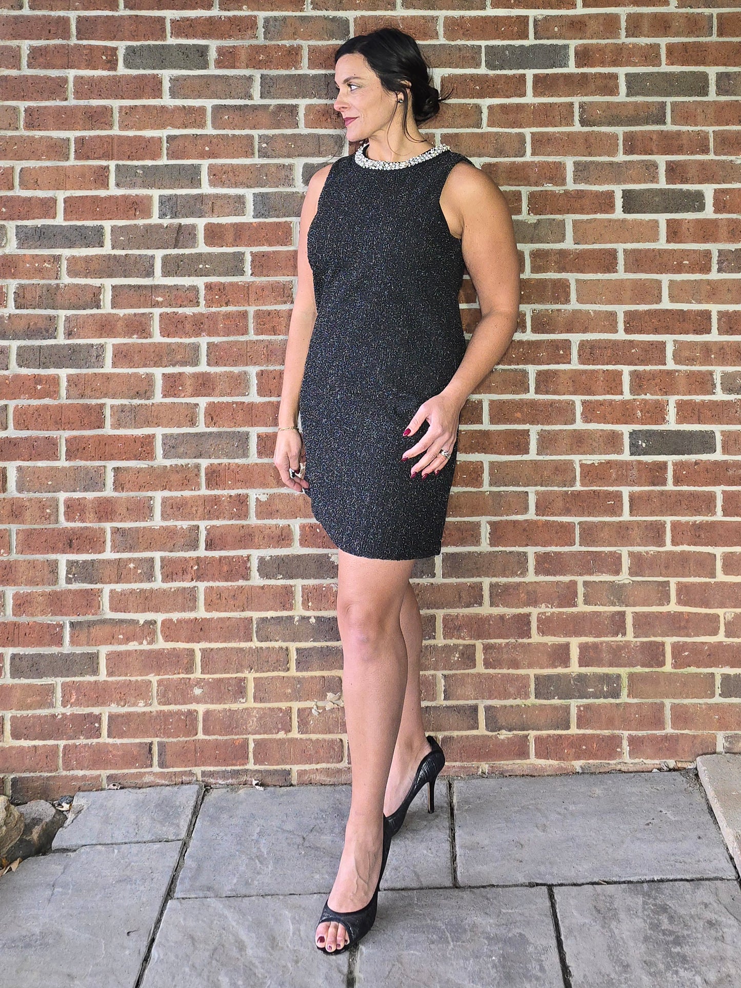 Jewel Neck Stretch Tweed Dress