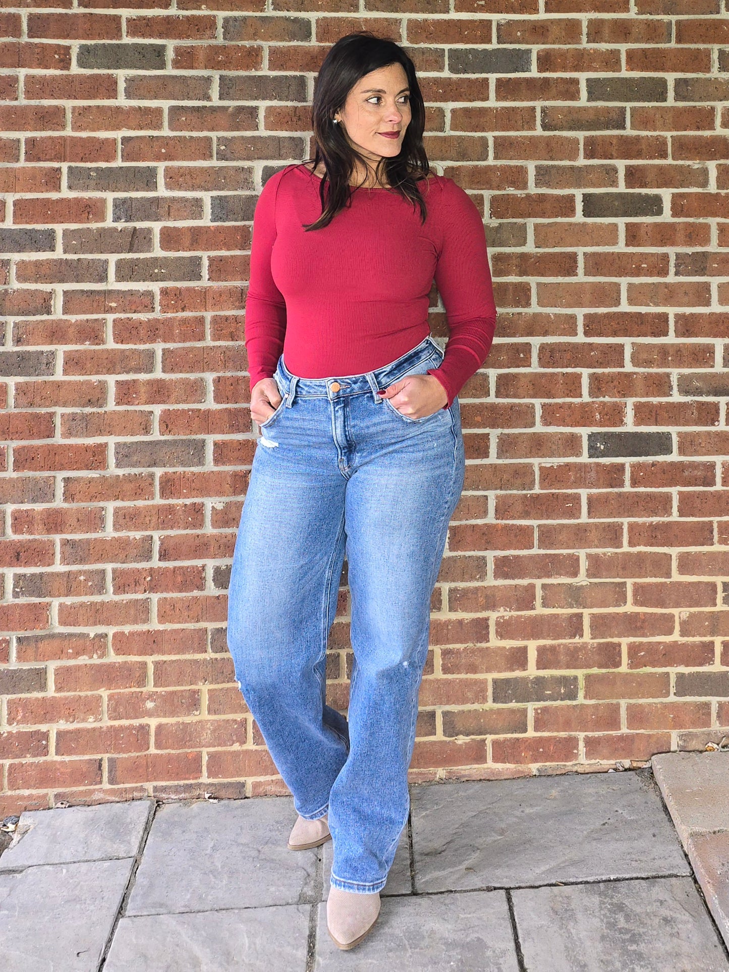 Cranberry Micro Rib Boat Neck Bodysuit