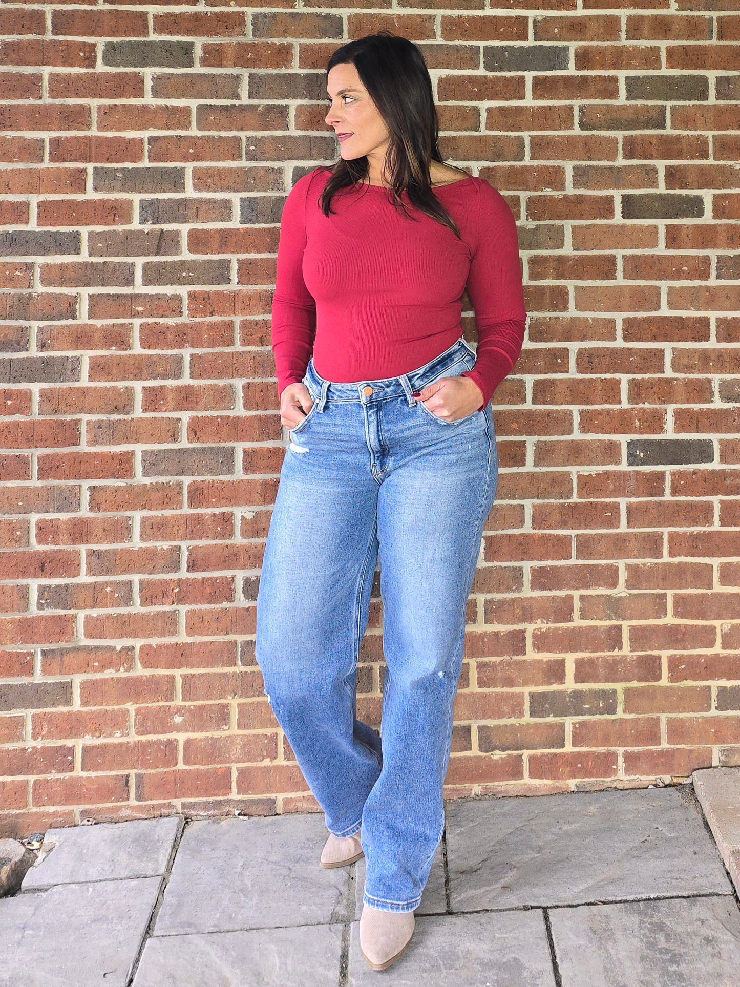 Cranberry Micro Rib Boat Neck Bodysuit