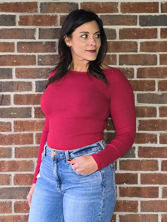 Cranberry Micro Rib Boat Neck Bodysuit