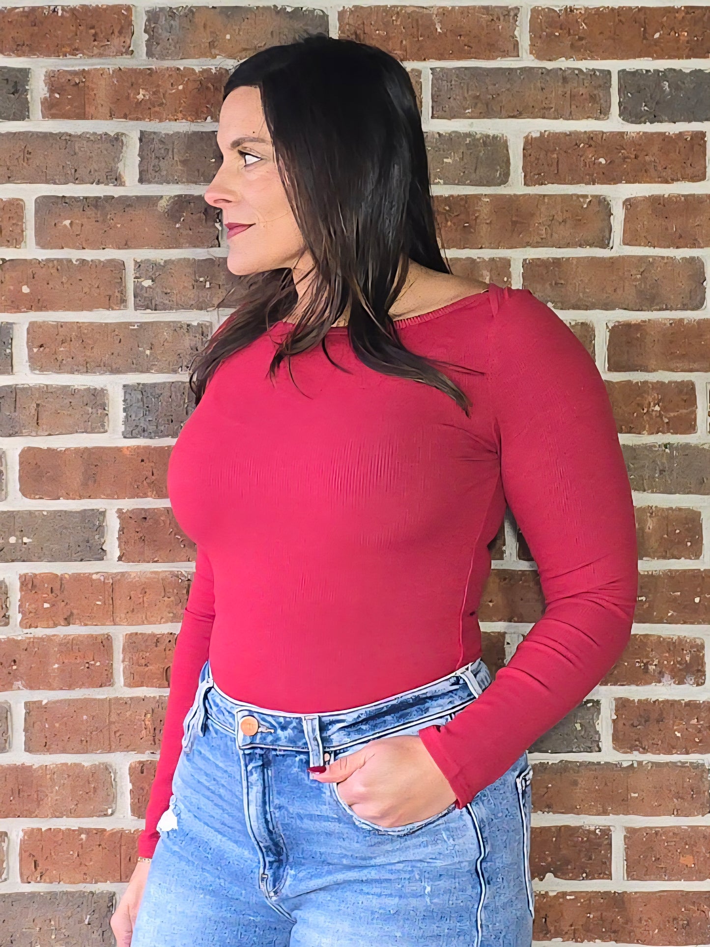 Cranberry Micro Rib Boat Neck Bodysuit