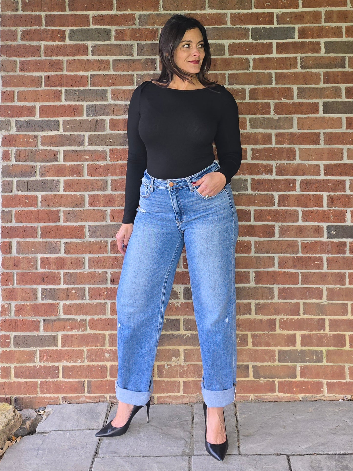 Black Micro Rib Boat Neck Bodysuit