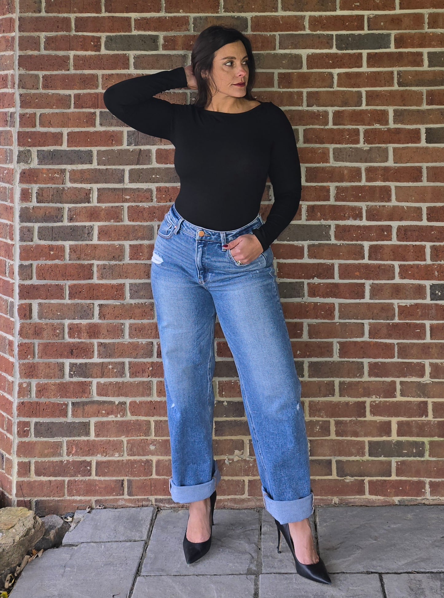 Black Micro Rib Boat Neck Bodysuit