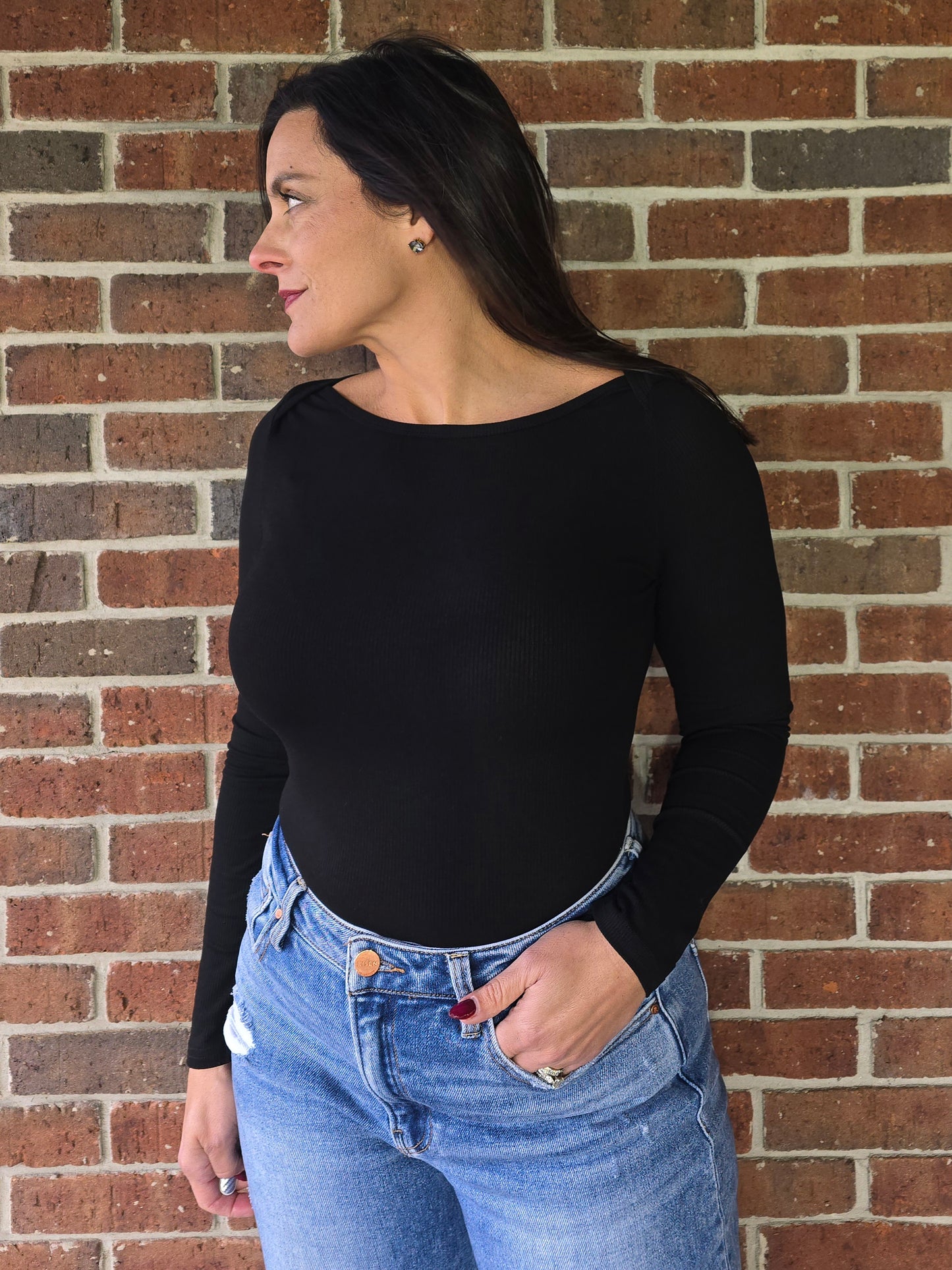 Black Micro Rib Boat Neck Bodysuit