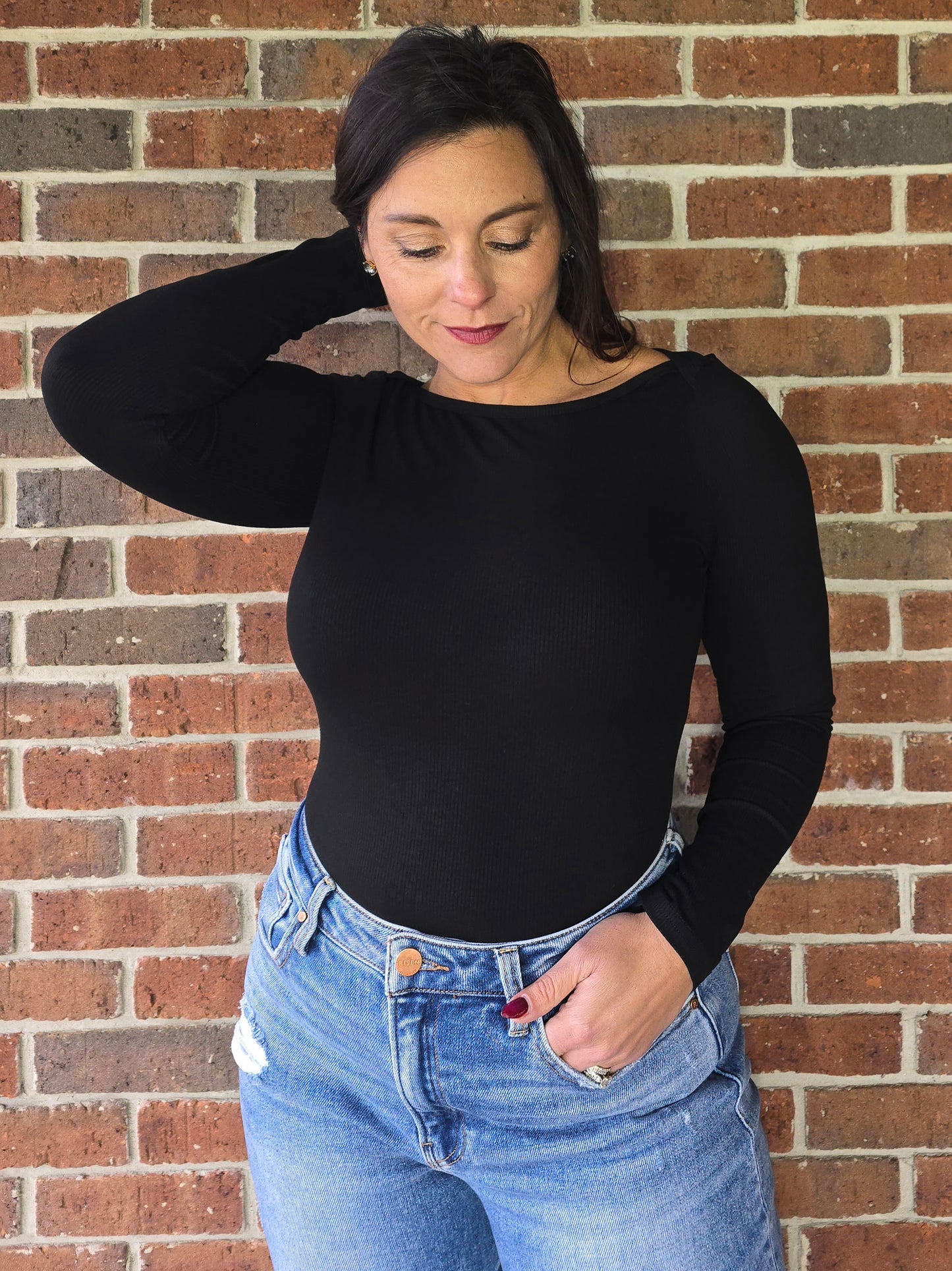 Black Micro Rib Boat Neck Bodysuit