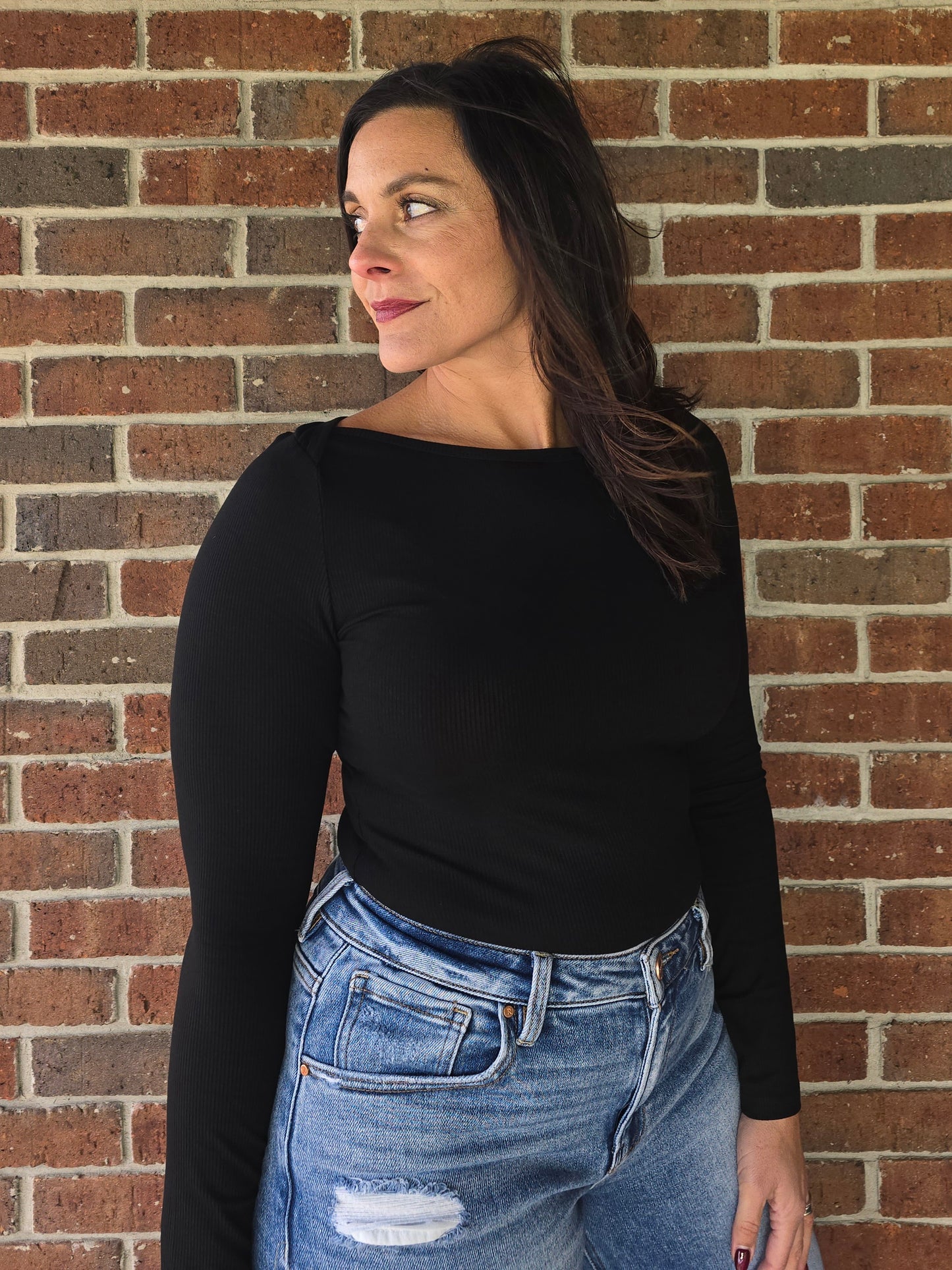 Black Micro Rib Boat Neck Bodysuit