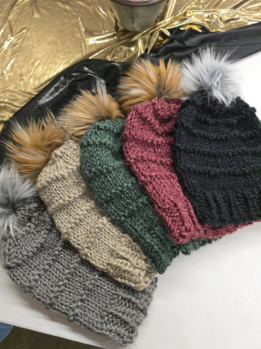 Handmade Knit Slouchy Beanie with Pom