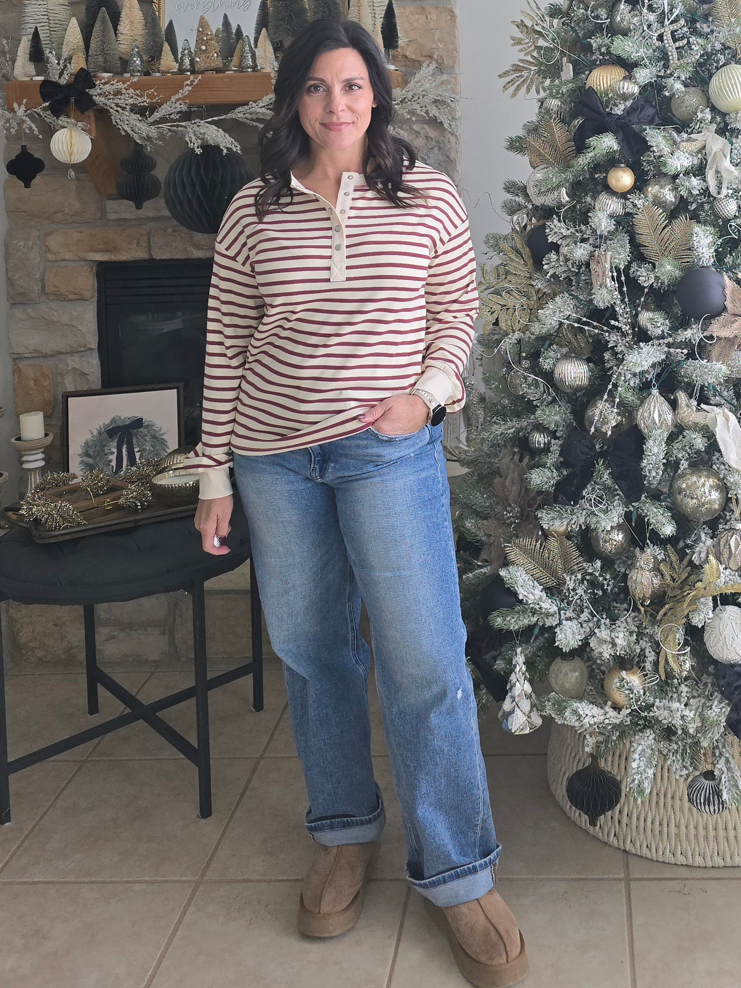 Striped Henley Snap Top