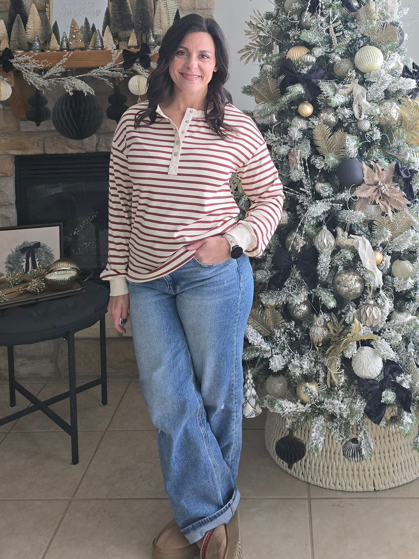 Striped Henley Snap Top