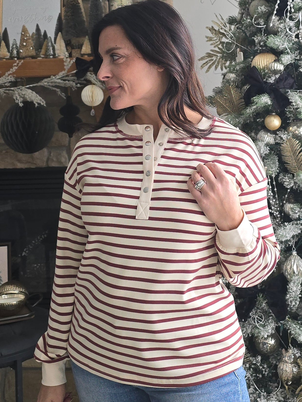 Striped Henley Snap Top