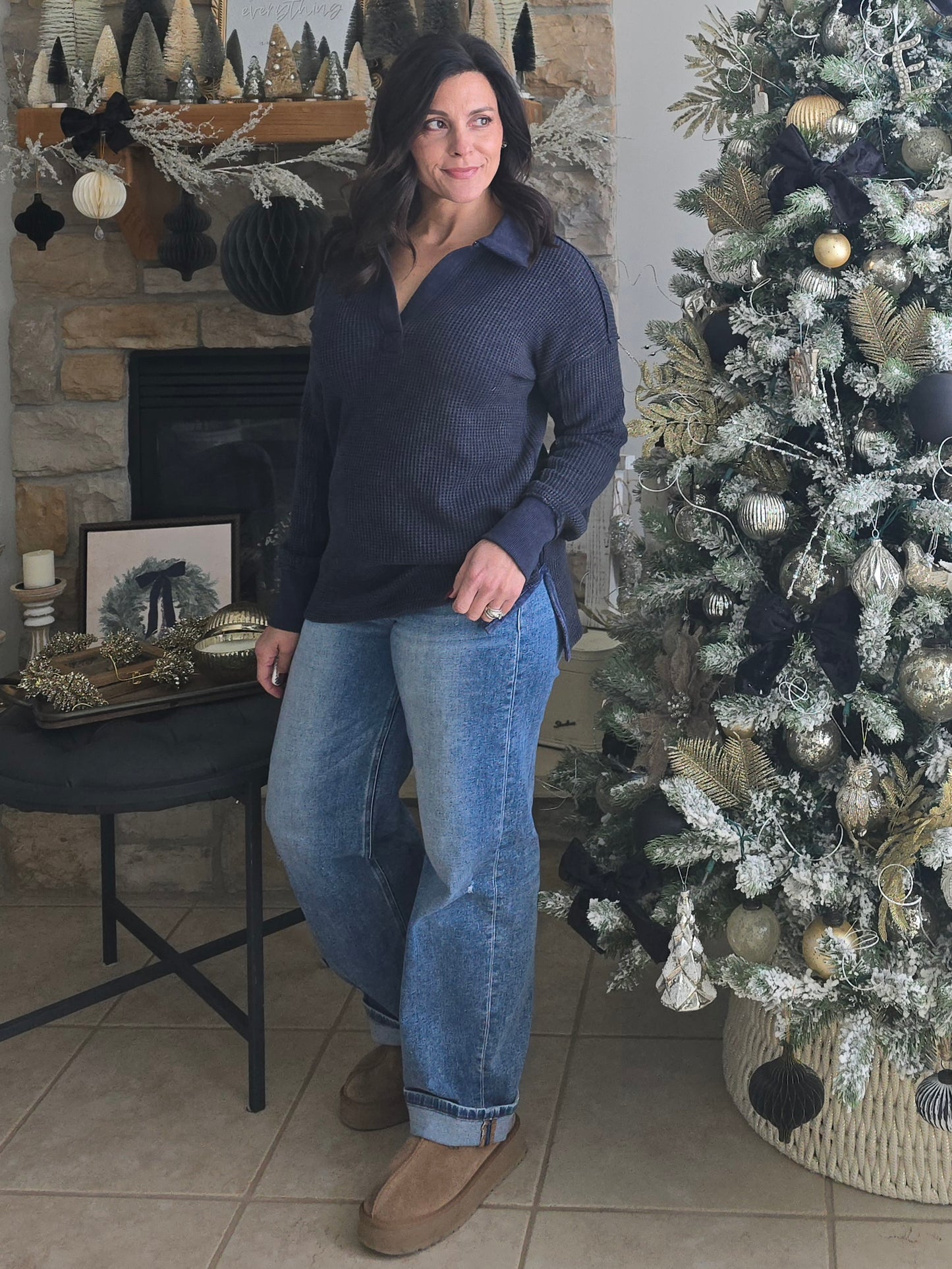 Waffle Knit Collared Pullover