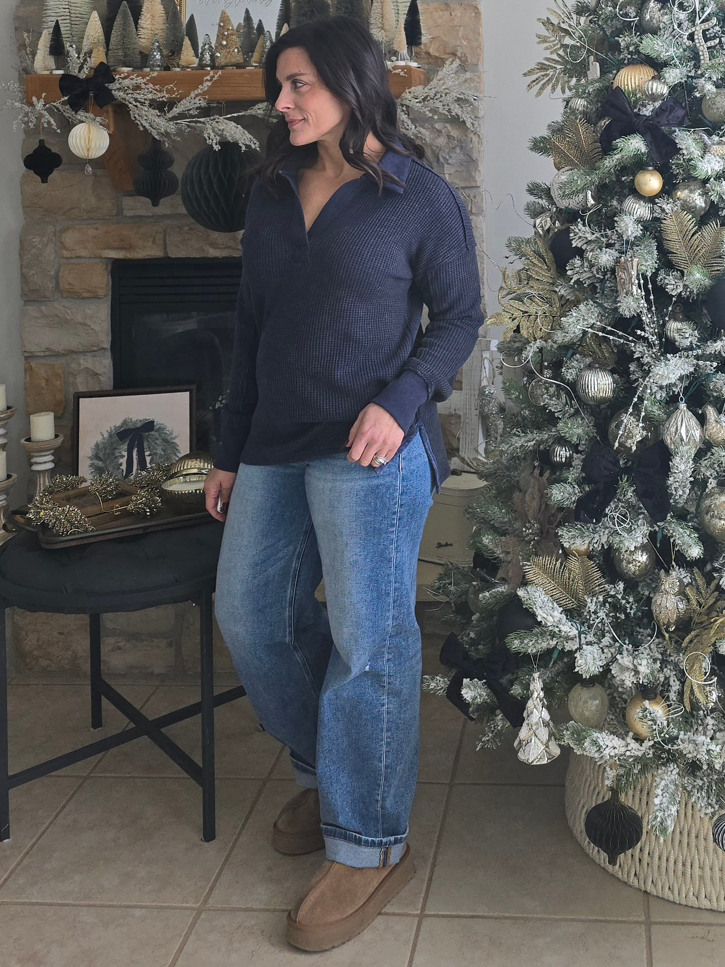 Waffle Knit Collared Pullover