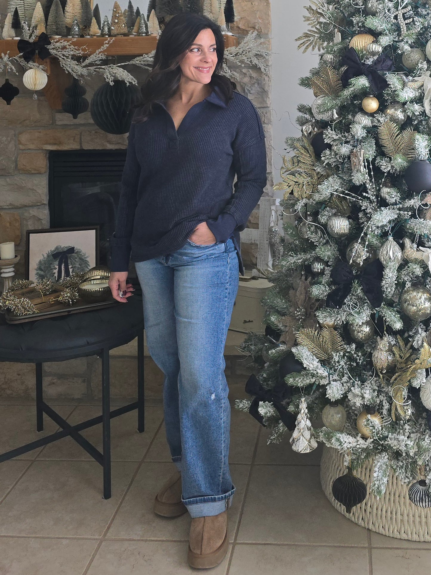 Waffle Knit Collared Pullover