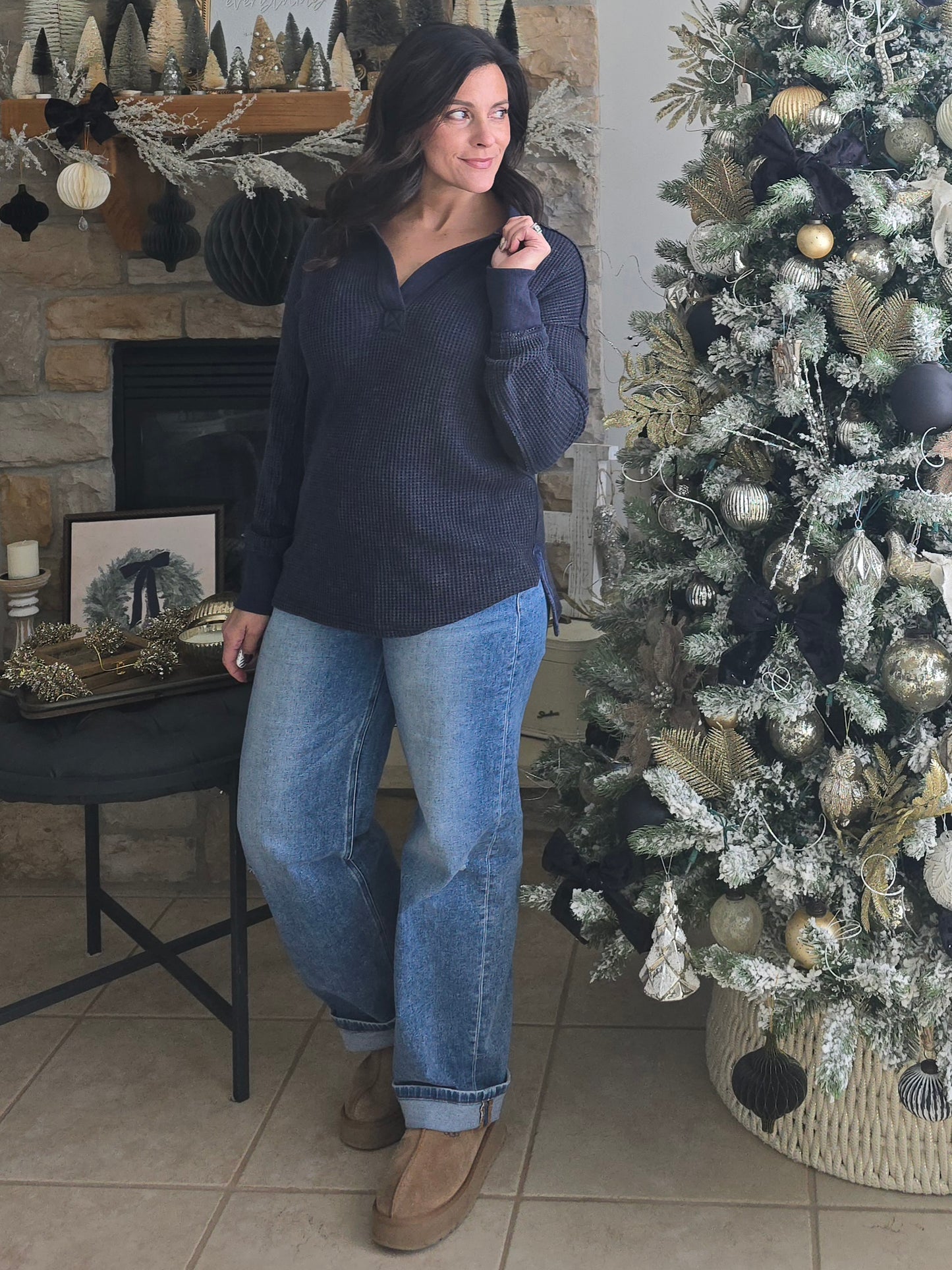 Waffle Knit Collared Pullover