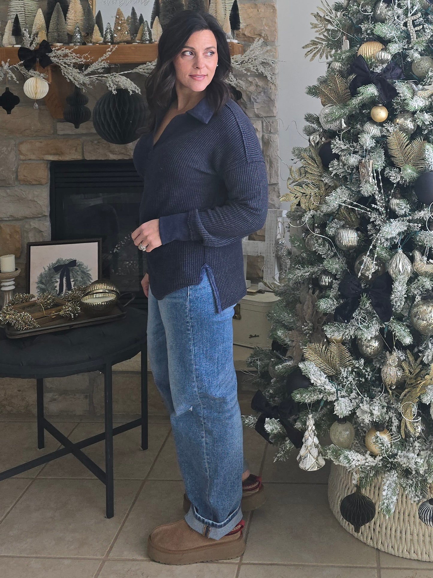 Waffle Knit Collared Pullover