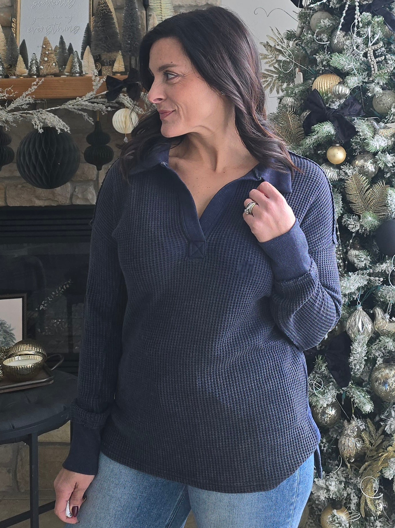 Waffle Knit Collared Pullover