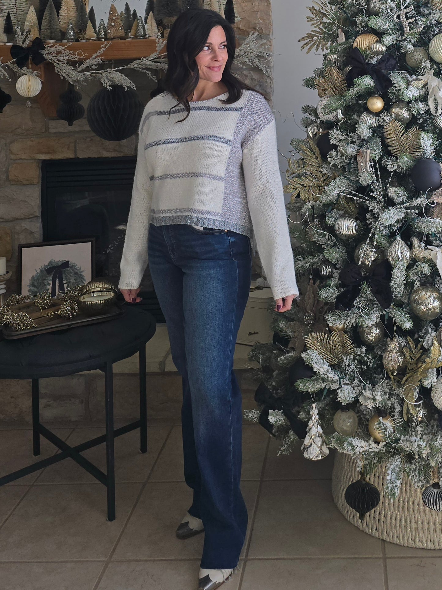 Winter White + Grey Colorblock Stripe Sweater