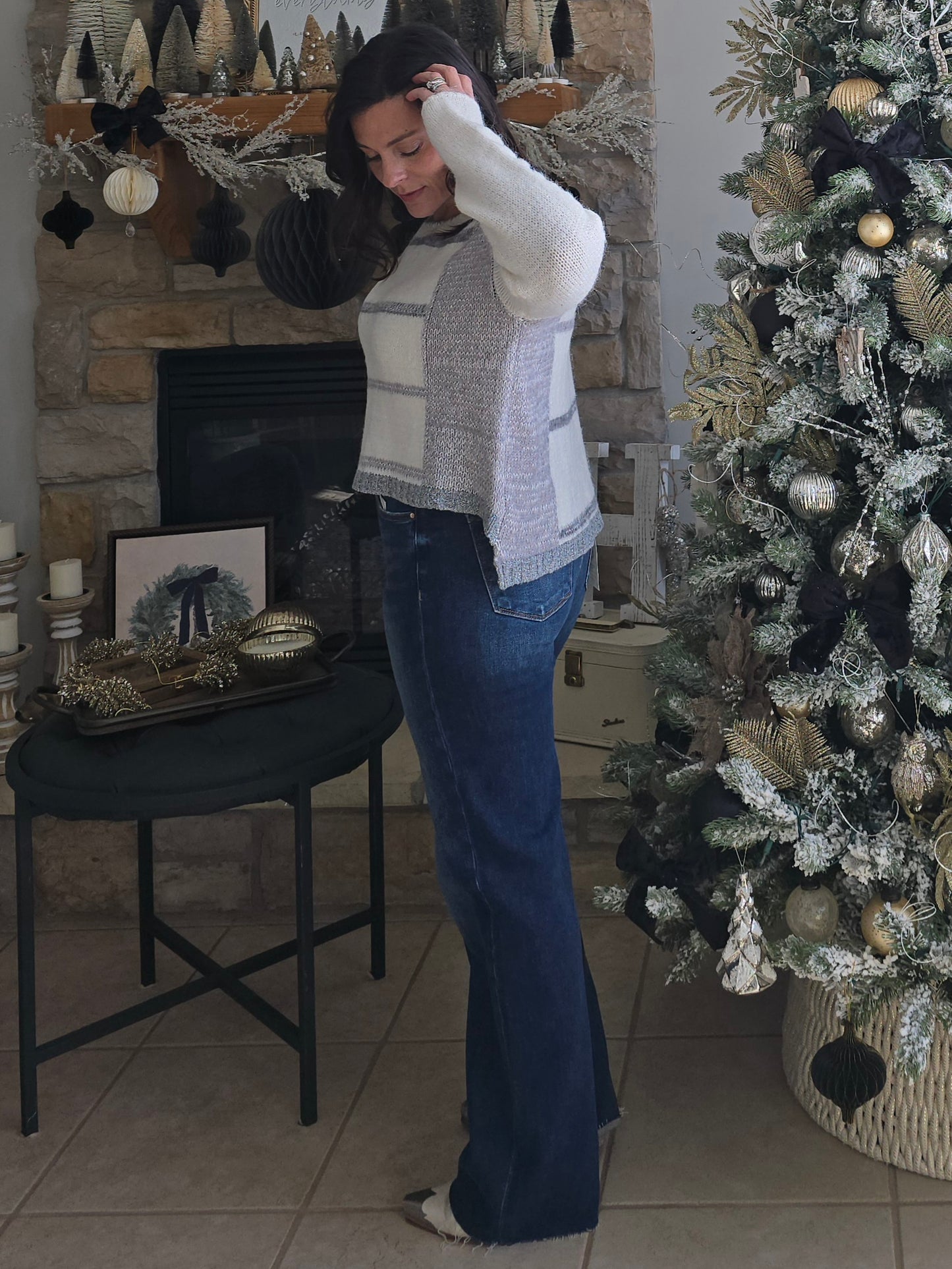 Winter White + Grey Colorblock Stripe Sweater