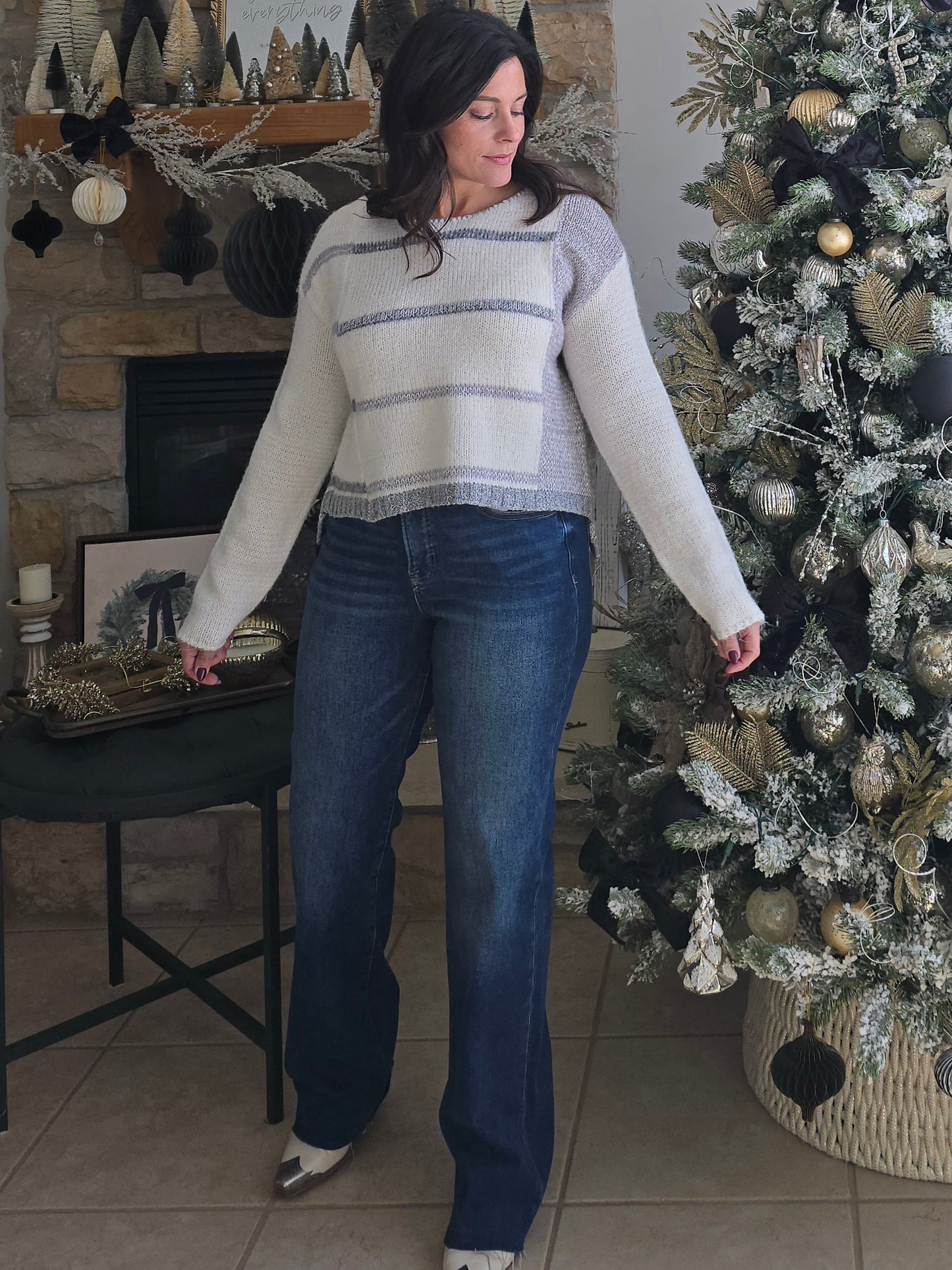 Winter White + Grey Colorblock Stripe Sweater