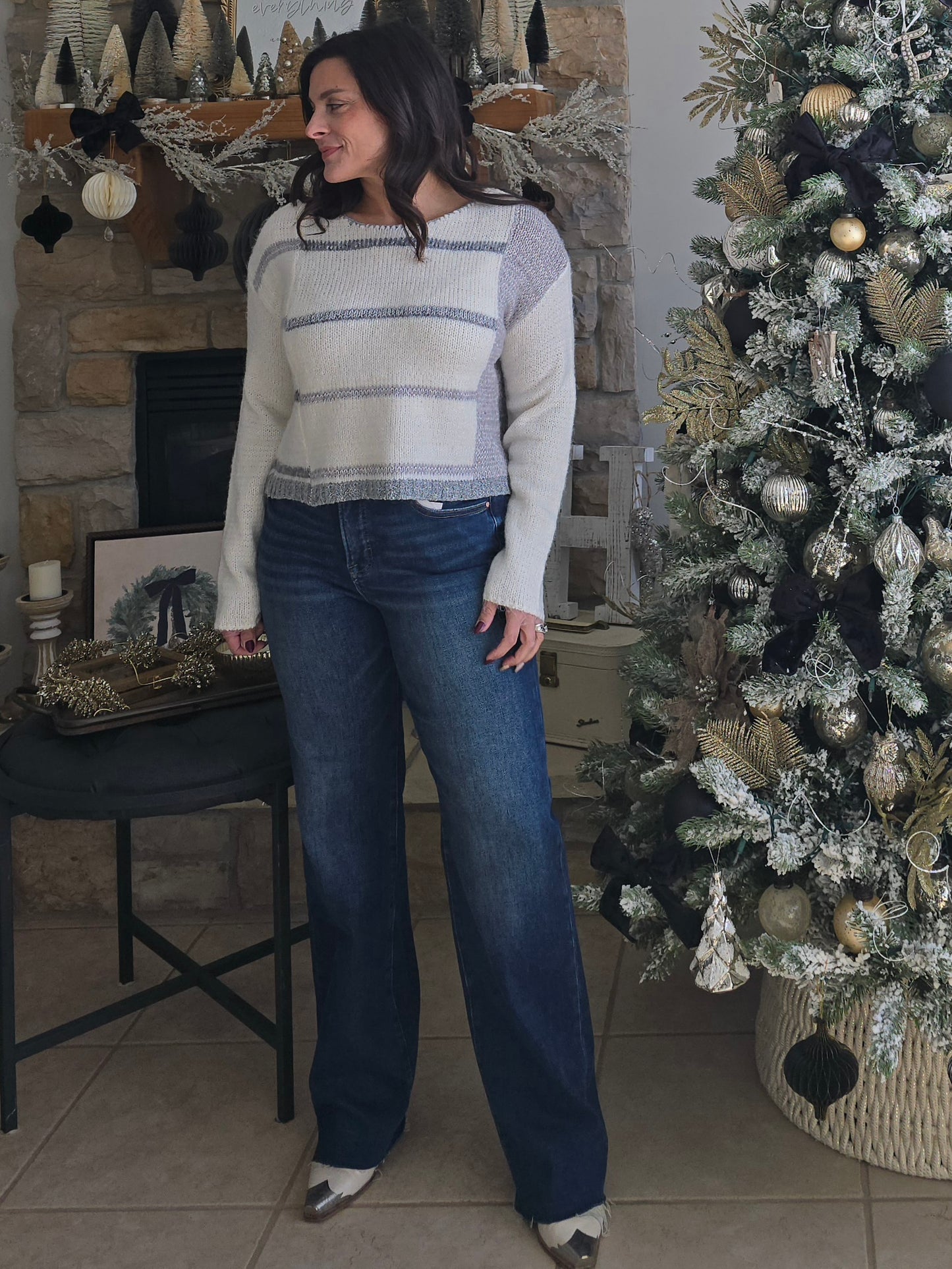 Winter White + Grey Colorblock Stripe Sweater