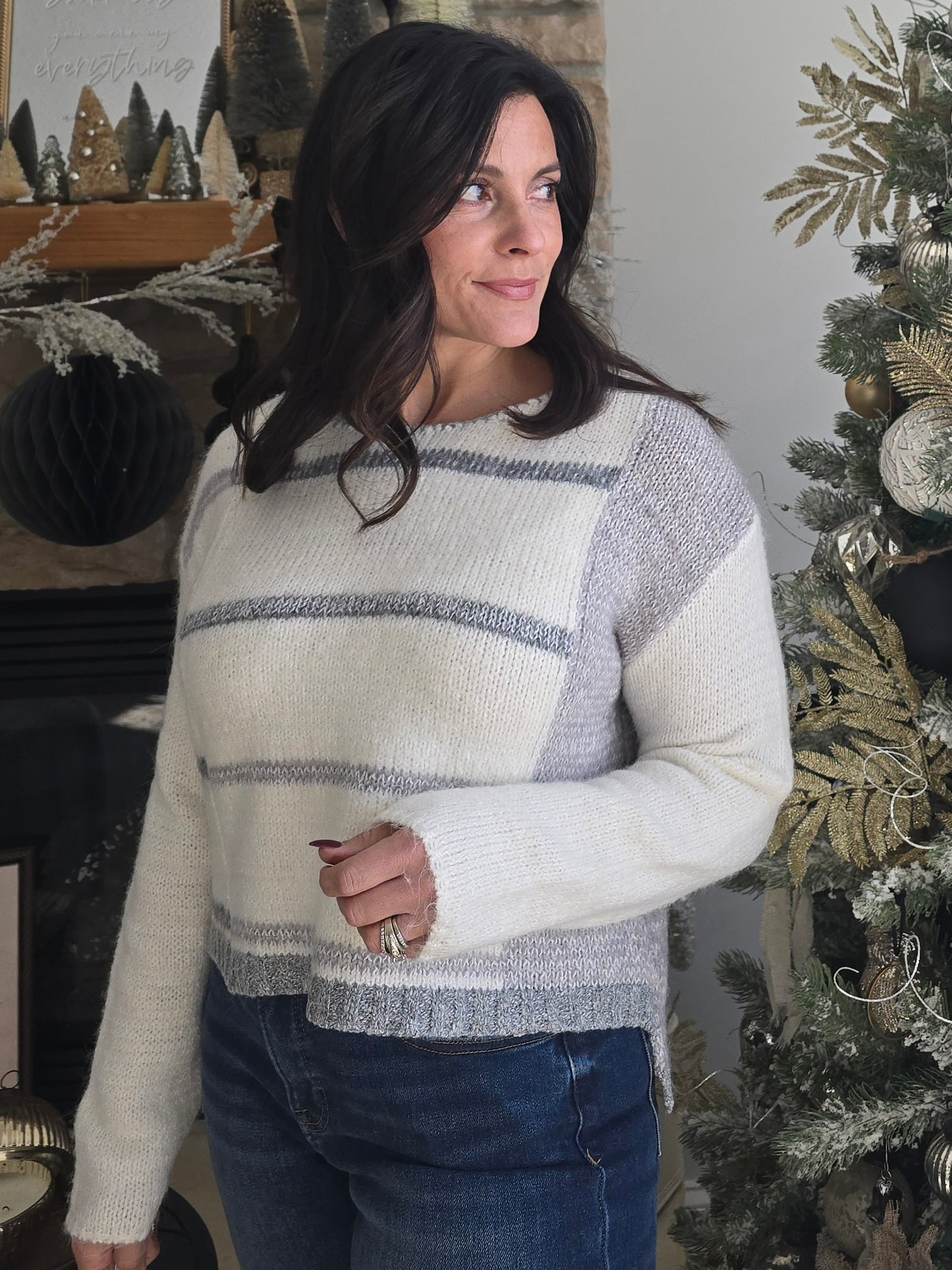 Winter White + Grey Colorblock Stripe Sweater