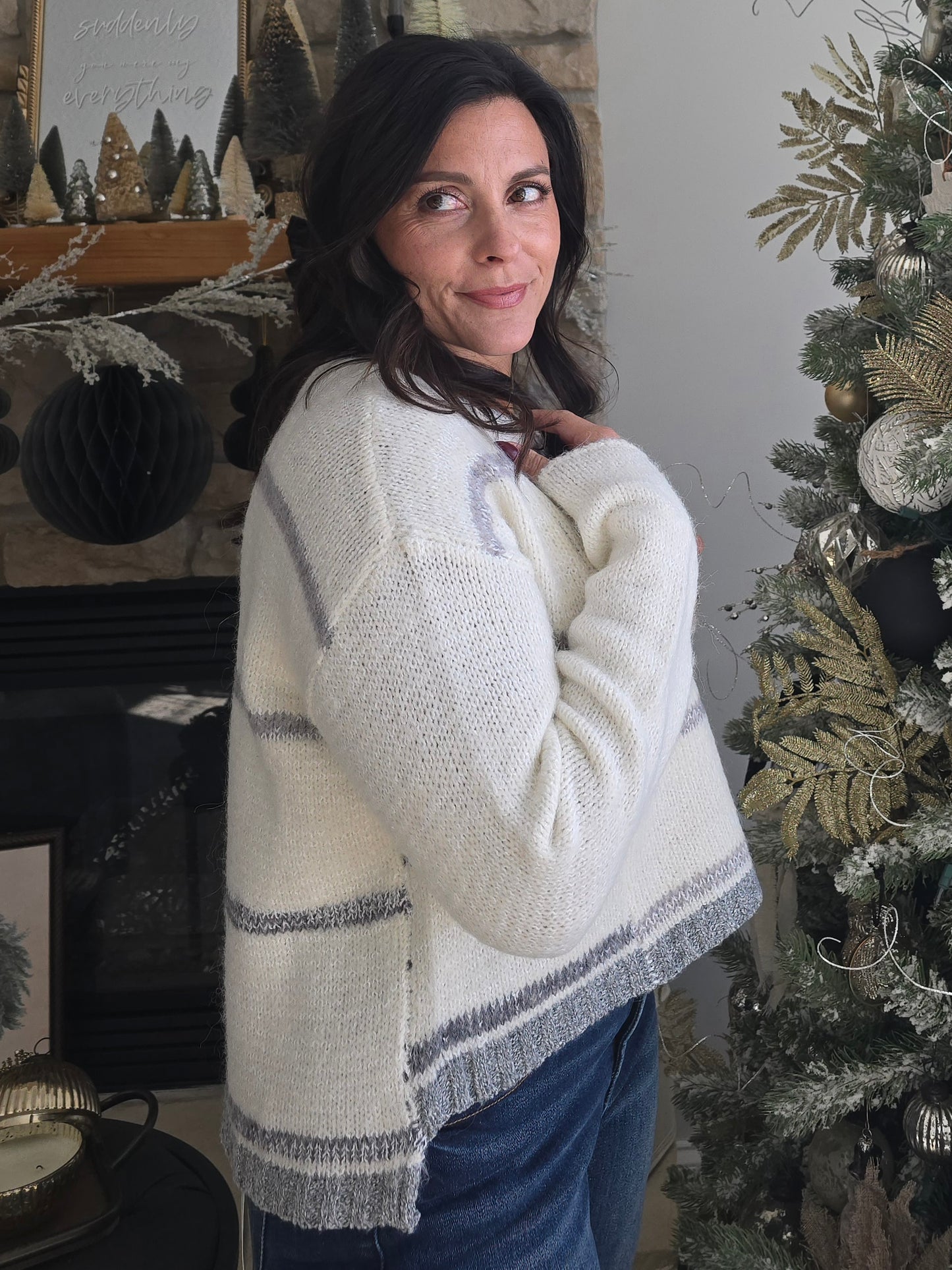 Winter White + Grey Colorblock Stripe Sweater